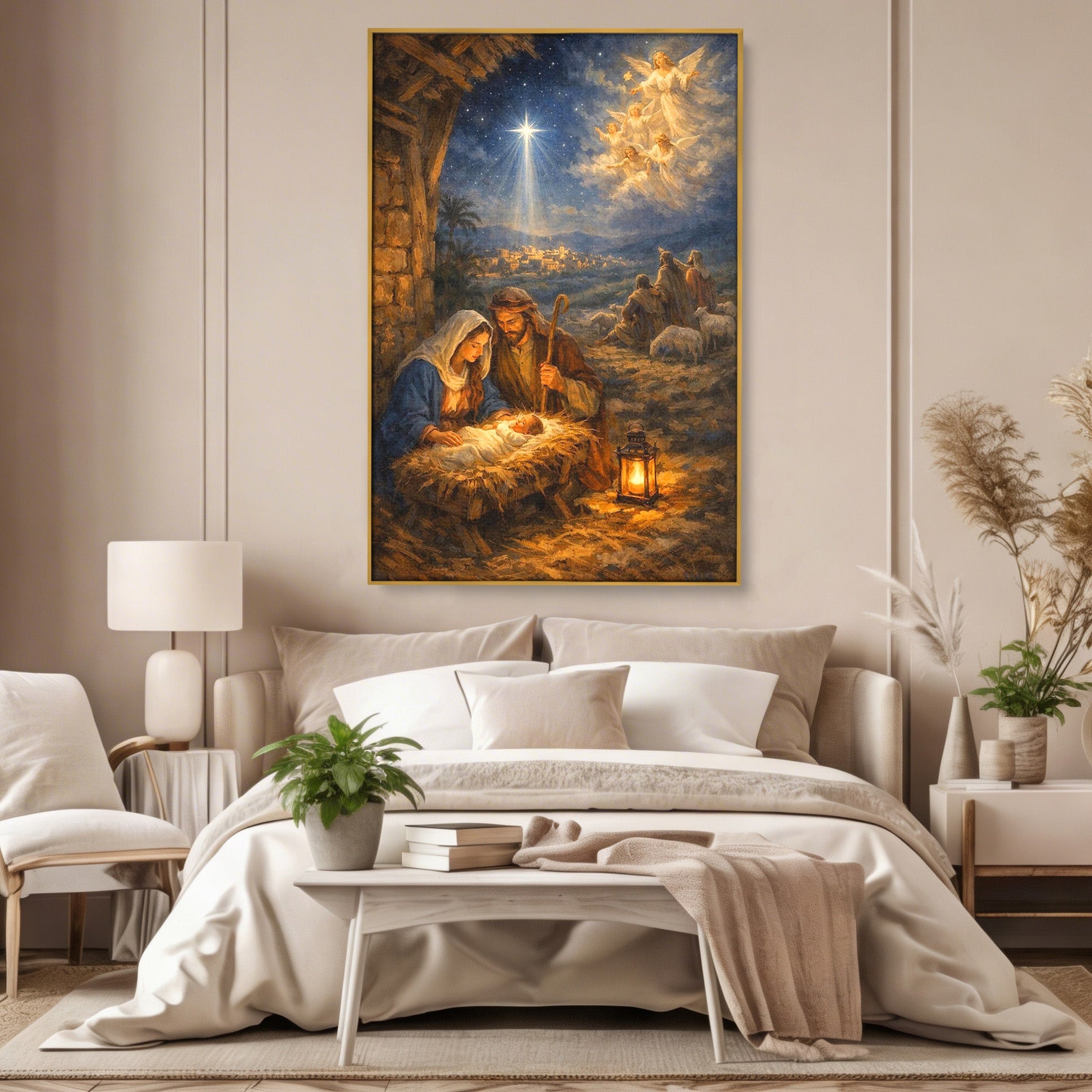 Tablou Canvas Premium LuxCanva® PI1079, Nasterea, Hristos, Religie, Iesle, Ingeri, Noapte, Sfant, Stea, Living, Culori Vibrante