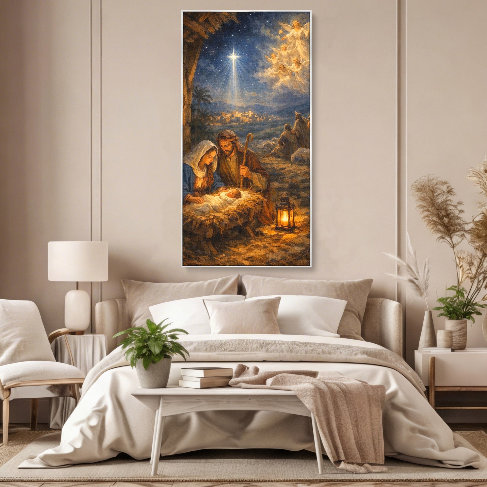 Tablou Canvas Premium LuxCanva® PI1079, Nasterea, Hristos, Religie, Iesle, Ingeri, Noapte, Sfant, Stea, Living, Culori Vibrante