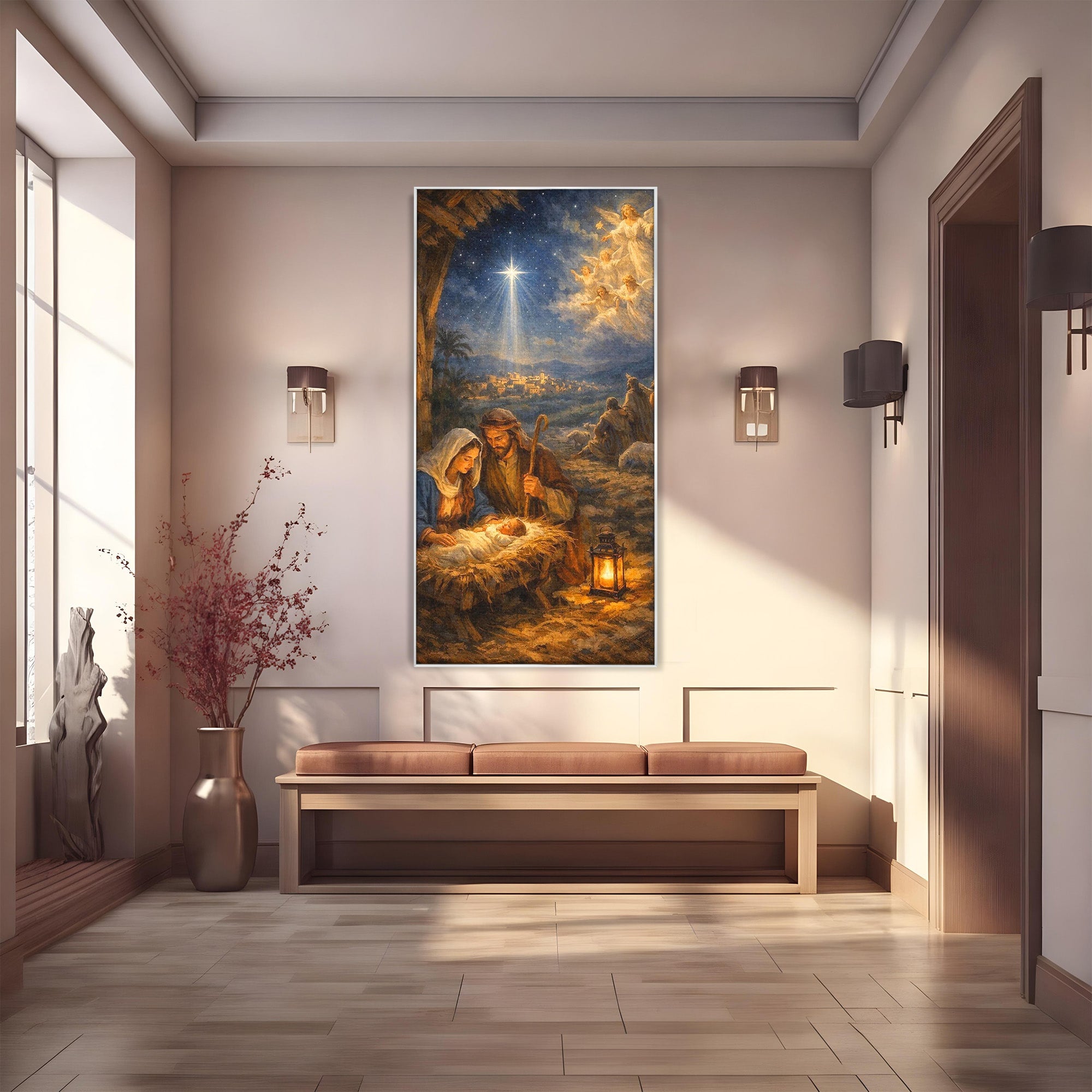 Tablou Canvas Premium LuxCanva® PI1079, Nasterea, Hristos, Religie, Iesle, Ingeri, Noapte, Sfant, Stea, Living, Culori Vibrante