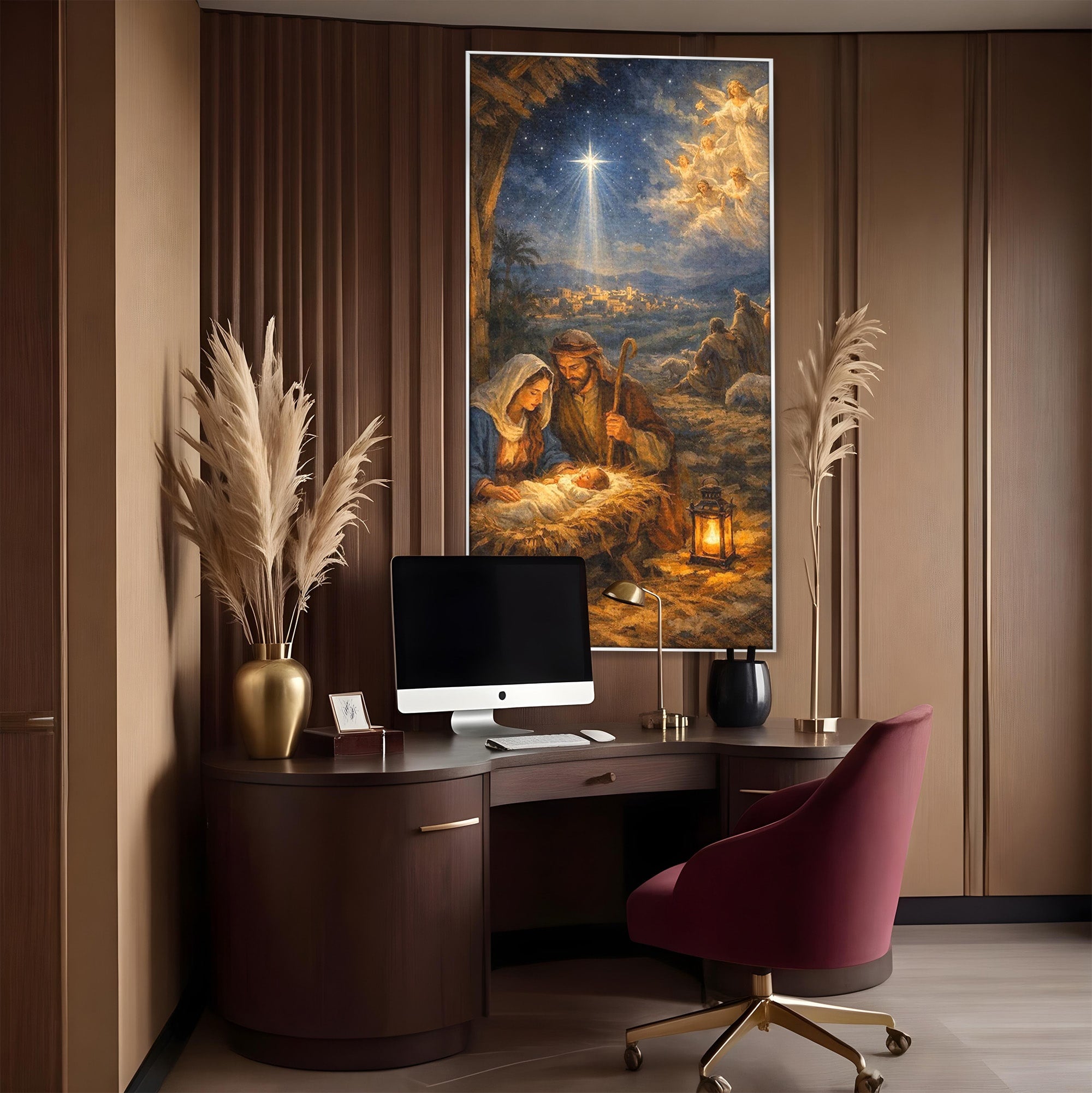 Tablou Canvas Premium LuxCanva® PI1079, Nasterea, Hristos, Religie, Iesle, Ingeri, Noapte, Sfant, Stea, Living, Culori Vibrante