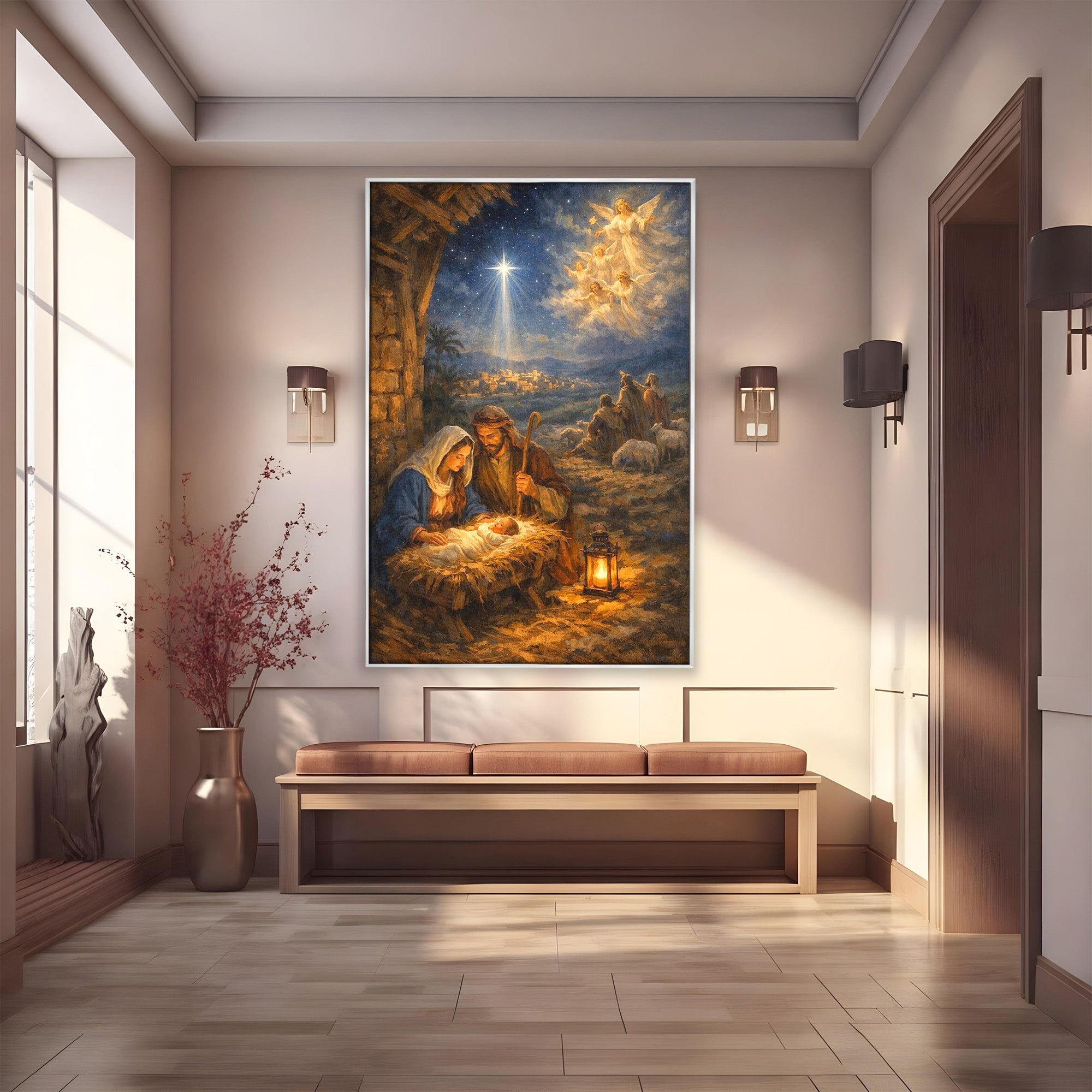 Tablou Canvas Premium LuxCanva® PI1079, Nasterea, Hristos, Religie, Iesle, Ingeri, Noapte, Sfant, Stea, Living, Culori Vibrante