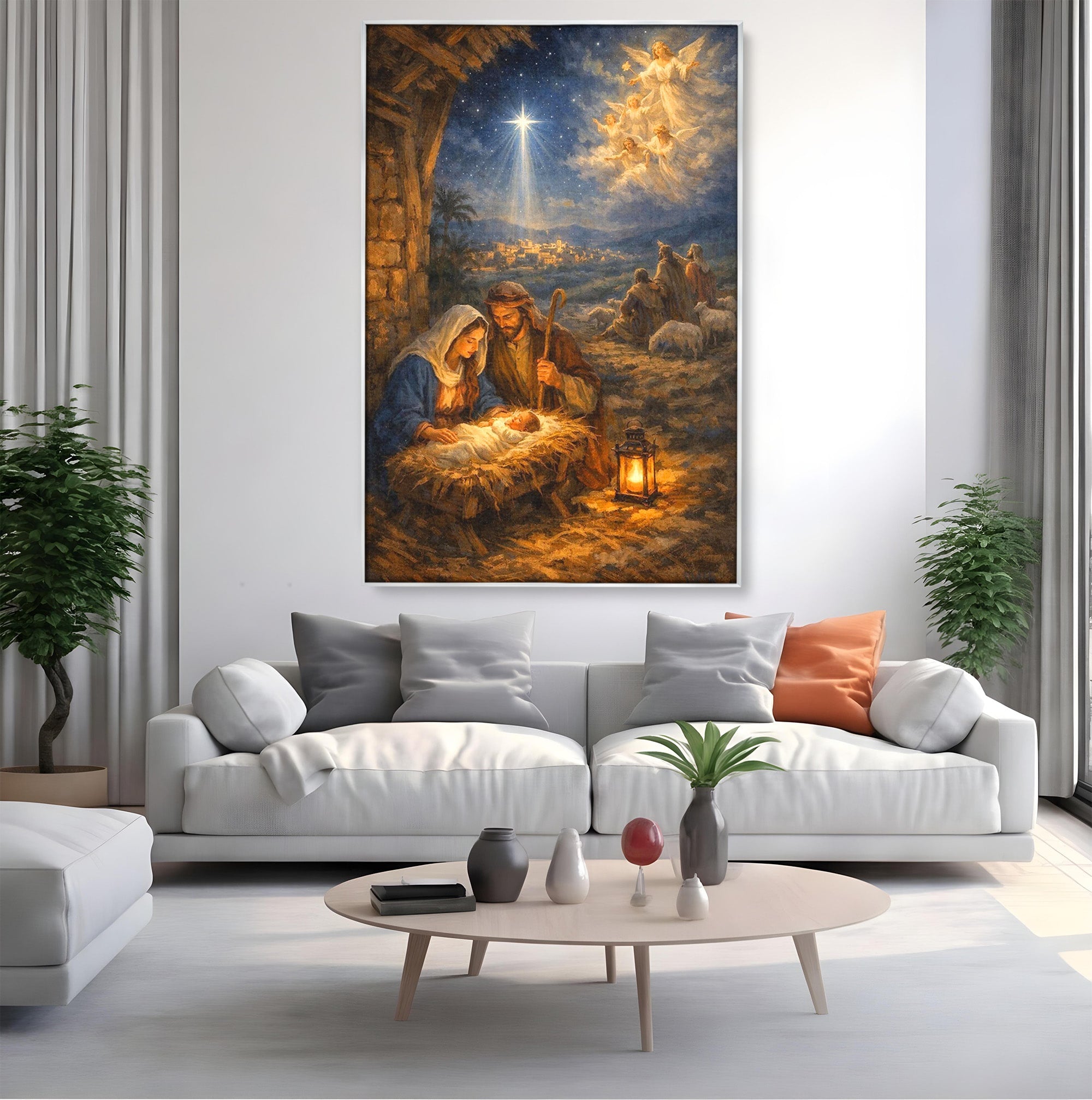 Tablou Canvas Premium LuxCanva® PI1079, Nasterea, Hristos, Religie, Iesle, Ingeri, Noapte, Sfant, Stea, Living, Culori Vibrante