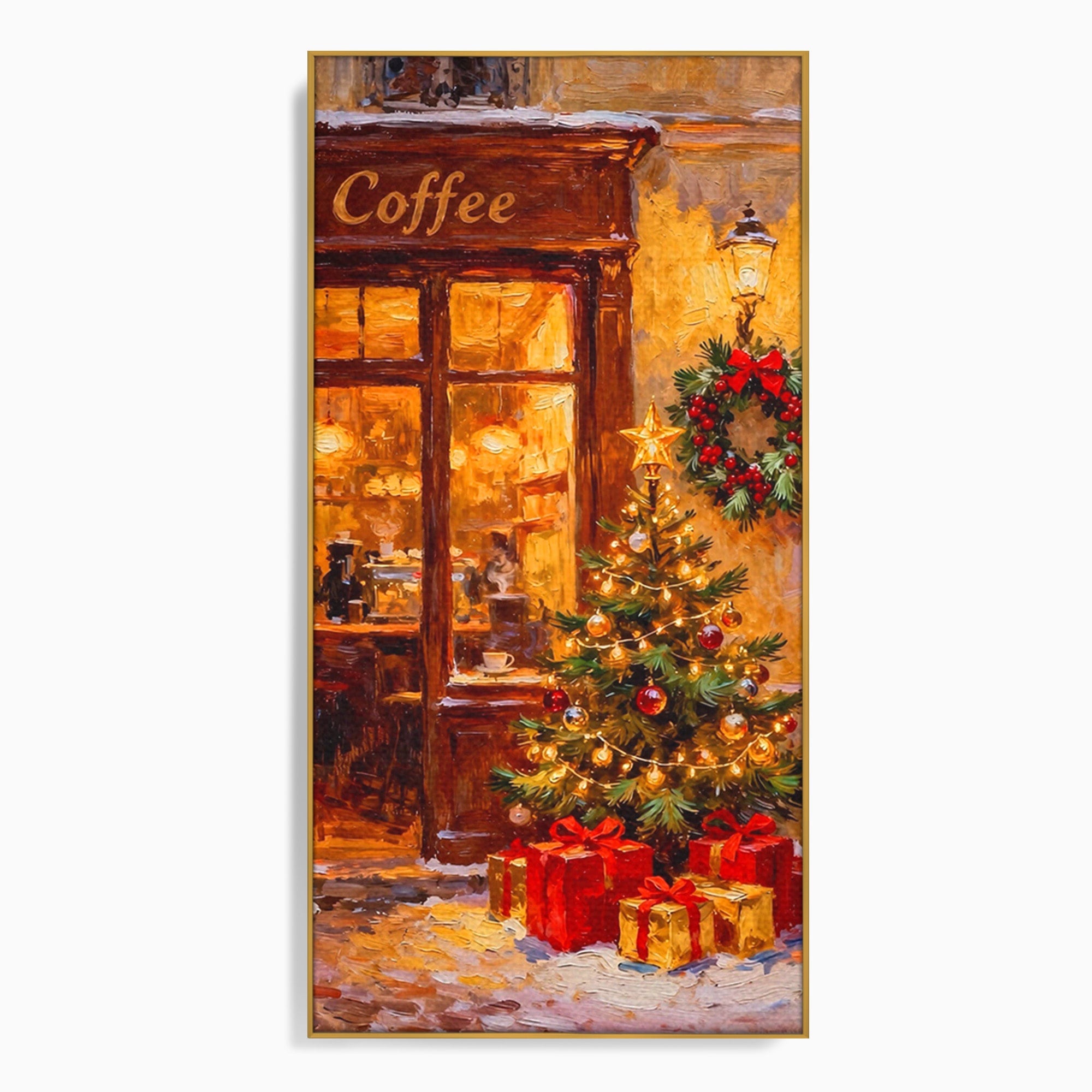 Tablou Canvas Premium LuxCanva® PI1080, Cafenea De Craciun, Seara, Cafea, Decor, Festiv, Iarna, Living, Culori Vibrante