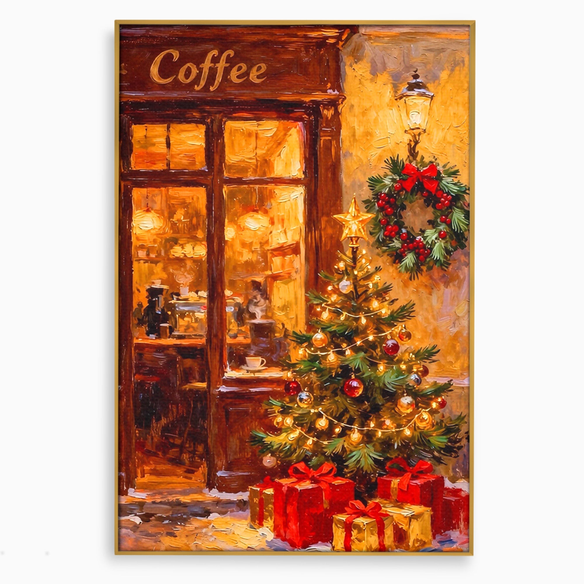 Tablou Canvas Premium LuxCanva® PI1080, Cafenea De Craciun, Seara, Cafea, Decor, Festiv, Iarna, Living, Culori Vibrante