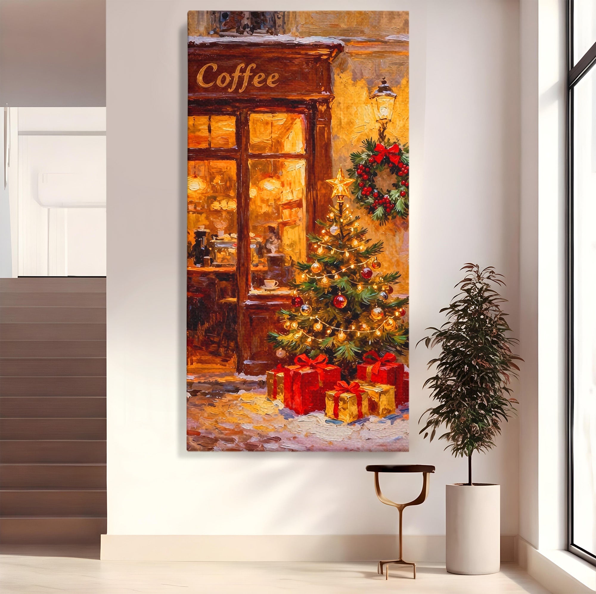 Tablou Canvas Premium LuxCanva® PI1080, Cafenea De Craciun, Seara, Cafea, Decor, Festiv, Iarna, Living, Culori Vibrante