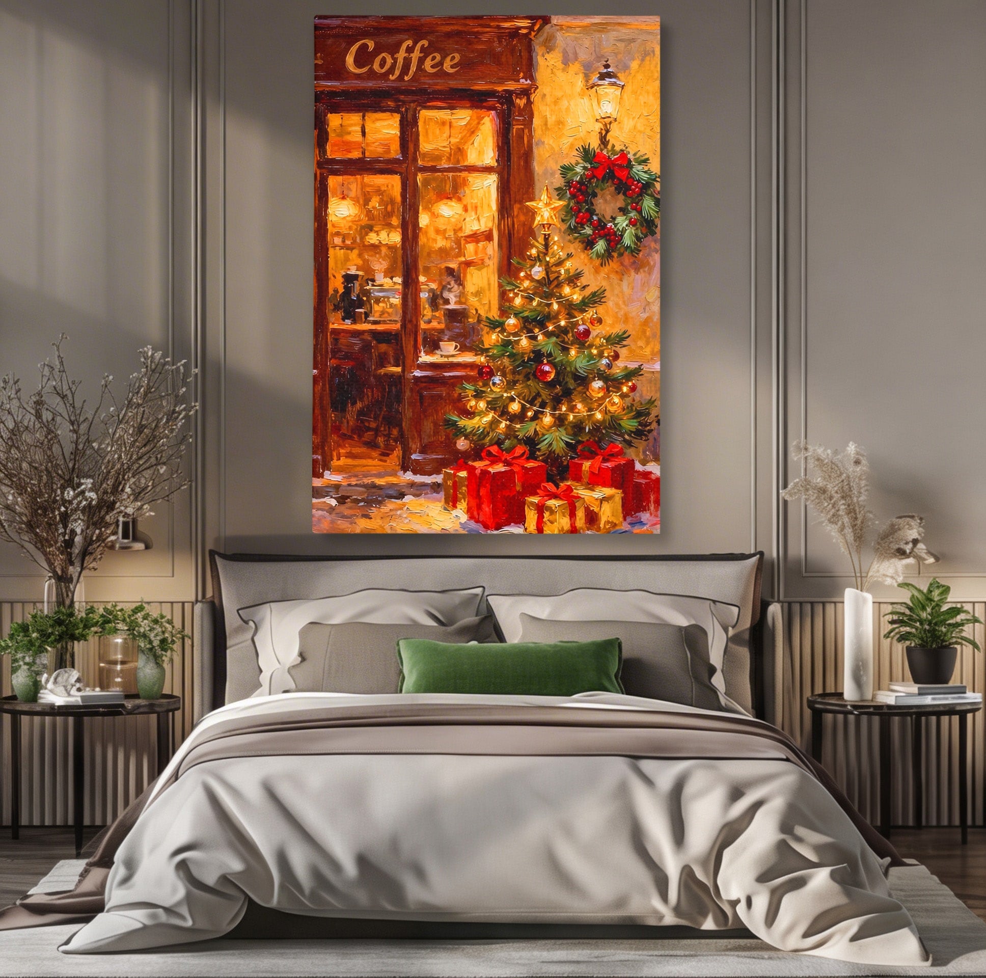 Tablou Canvas Premium LuxCanva® PI1080, Cafenea De Craciun, Seara, Cafea, Decor, Festiv, Iarna, Living, Culori Vibrante