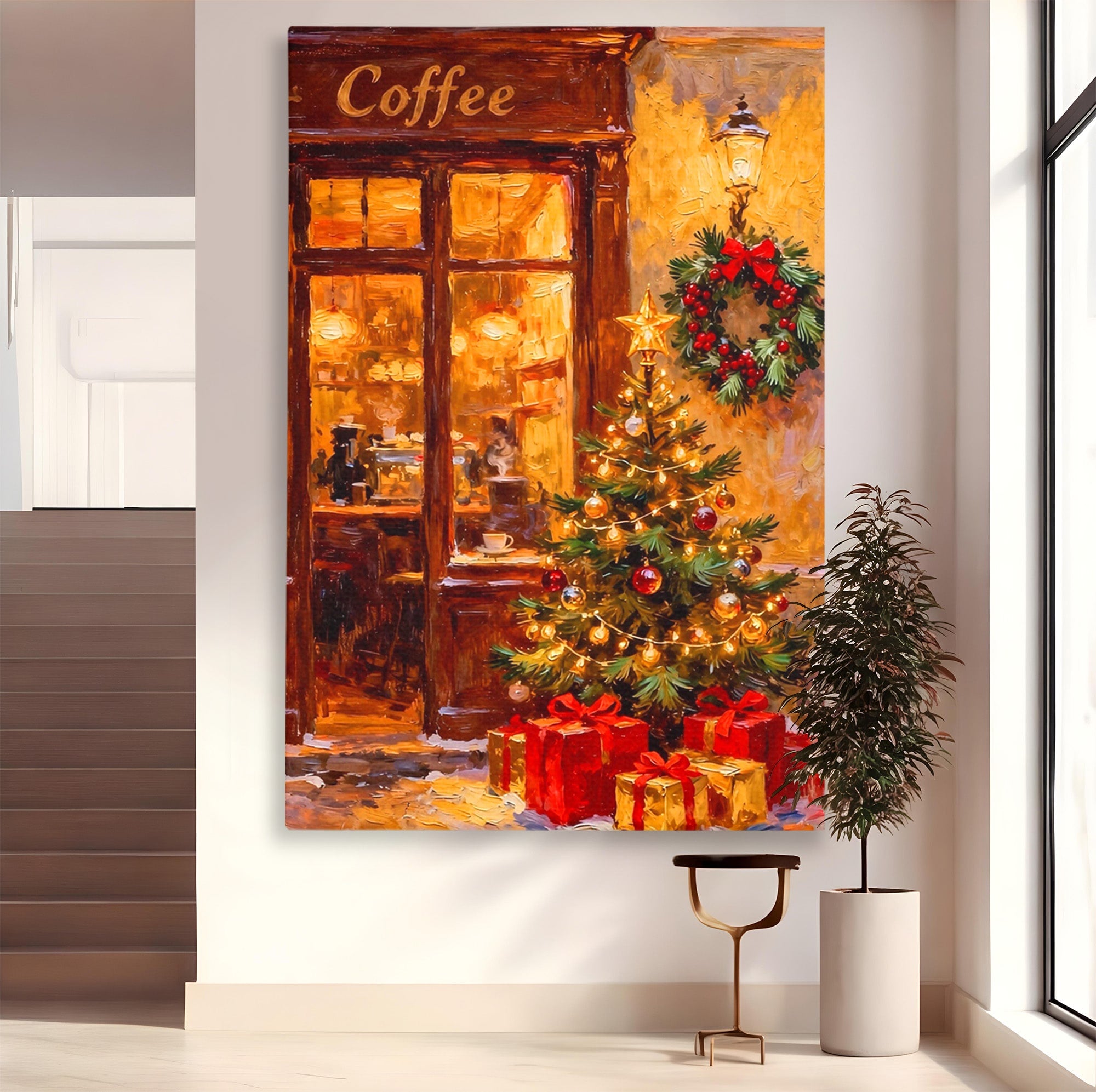 Tablou Canvas Premium LuxCanva® PI1080, Cafenea De Craciun, Seara, Cafea, Decor, Festiv, Iarna, Living, Culori Vibrante
