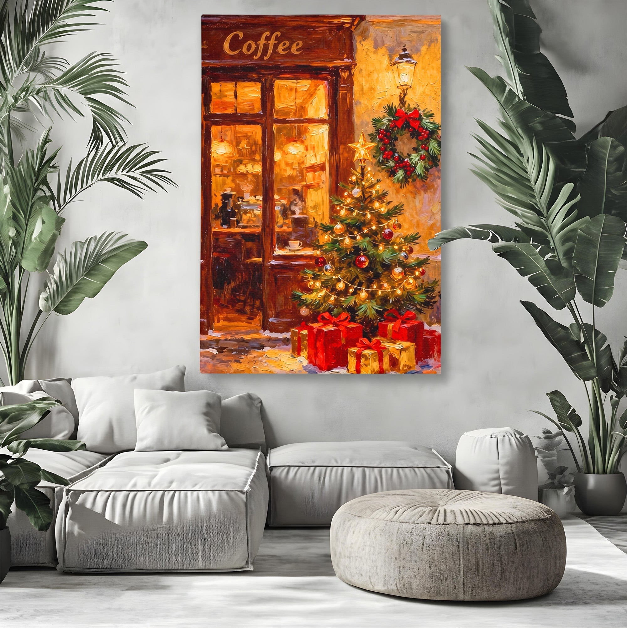 Tablou Canvas Premium LuxCanva® PI1080, Cafenea De Craciun, Seara, Cafea, Decor, Festiv, Iarna, Living, Culori Vibrante