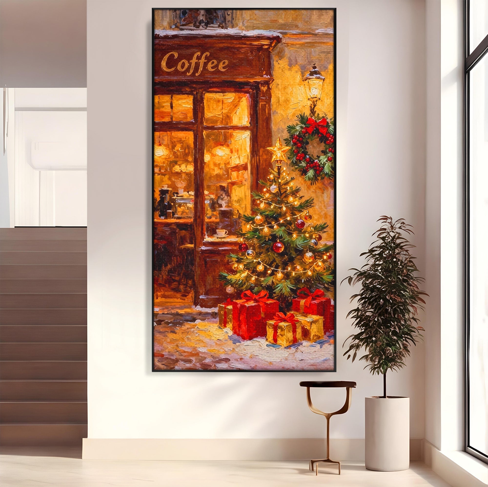 Tablou Canvas Premium LuxCanva® PI1080, Cafenea De Craciun, Seara, Cafea, Decor, Festiv, Iarna, Living, Culori Vibrante