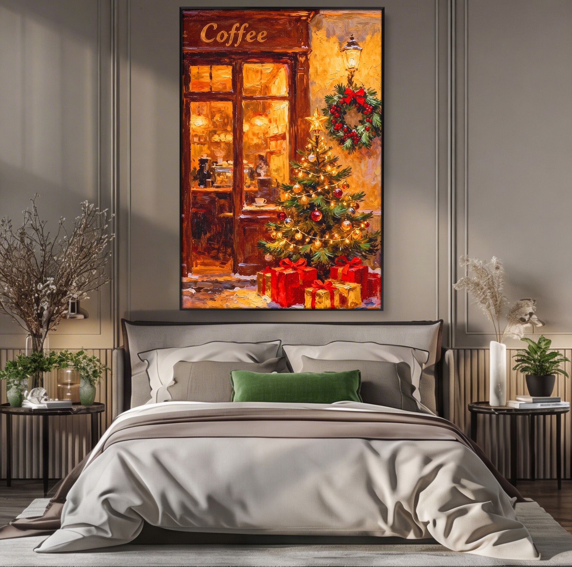 Tablou Canvas Premium LuxCanva® PI1080, Cafenea De Craciun, Seara, Cafea, Decor, Festiv, Iarna, Living, Culori Vibrante