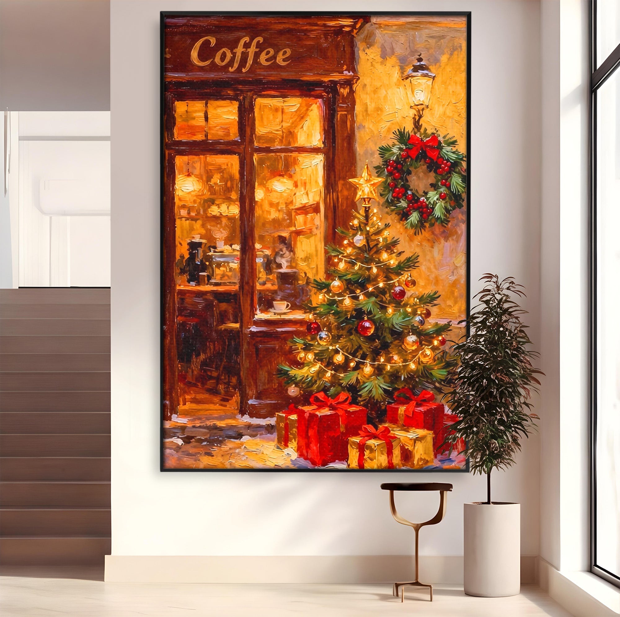 Tablou Canvas Premium LuxCanva® PI1080, Cafenea De Craciun, Seara, Cafea, Decor, Festiv, Iarna, Living, Culori Vibrante