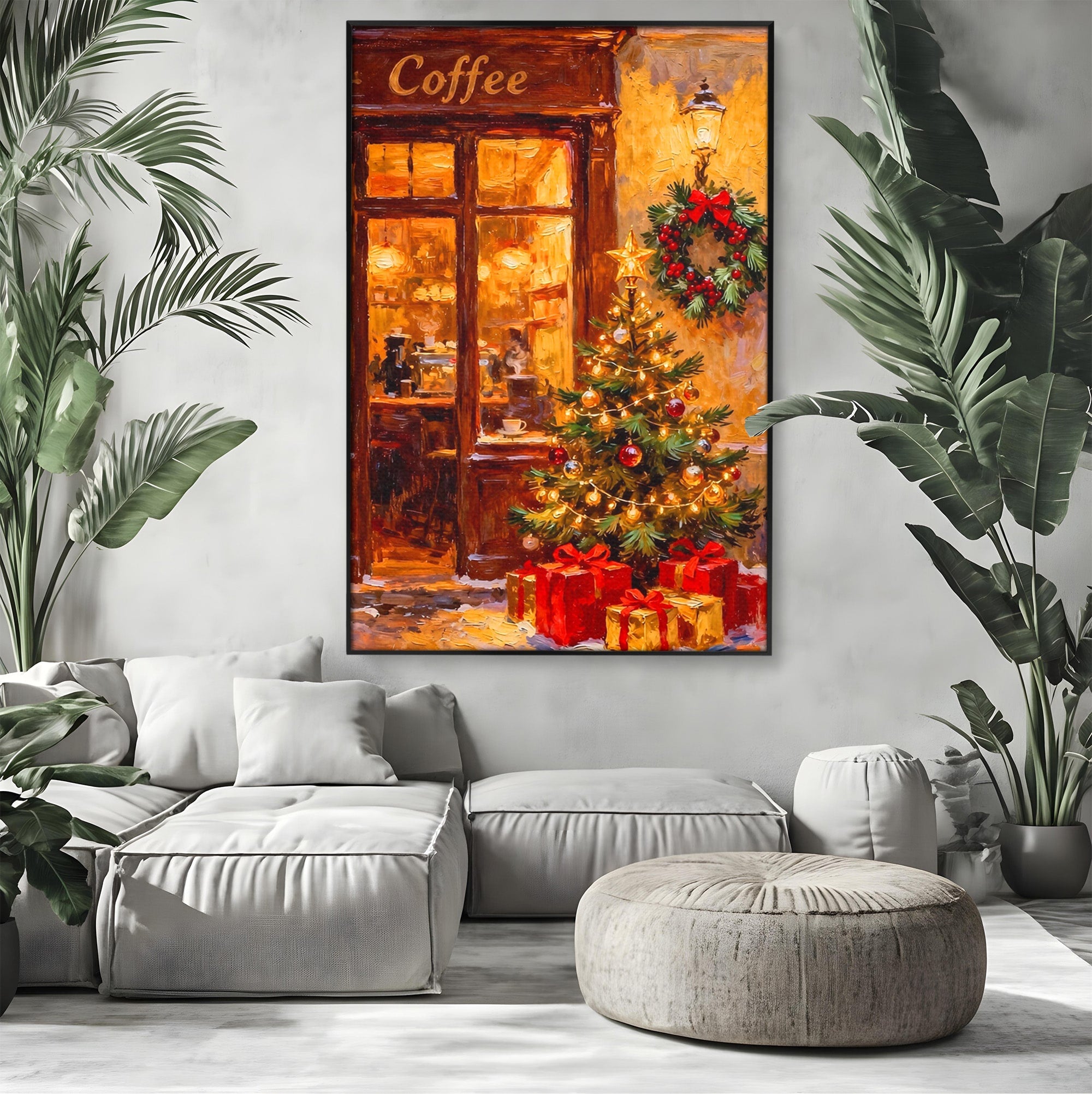 Tablou Canvas Premium LuxCanva® PI1080, Cafenea De Craciun, Seara, Cafea, Decor, Festiv, Iarna, Living, Culori Vibrante