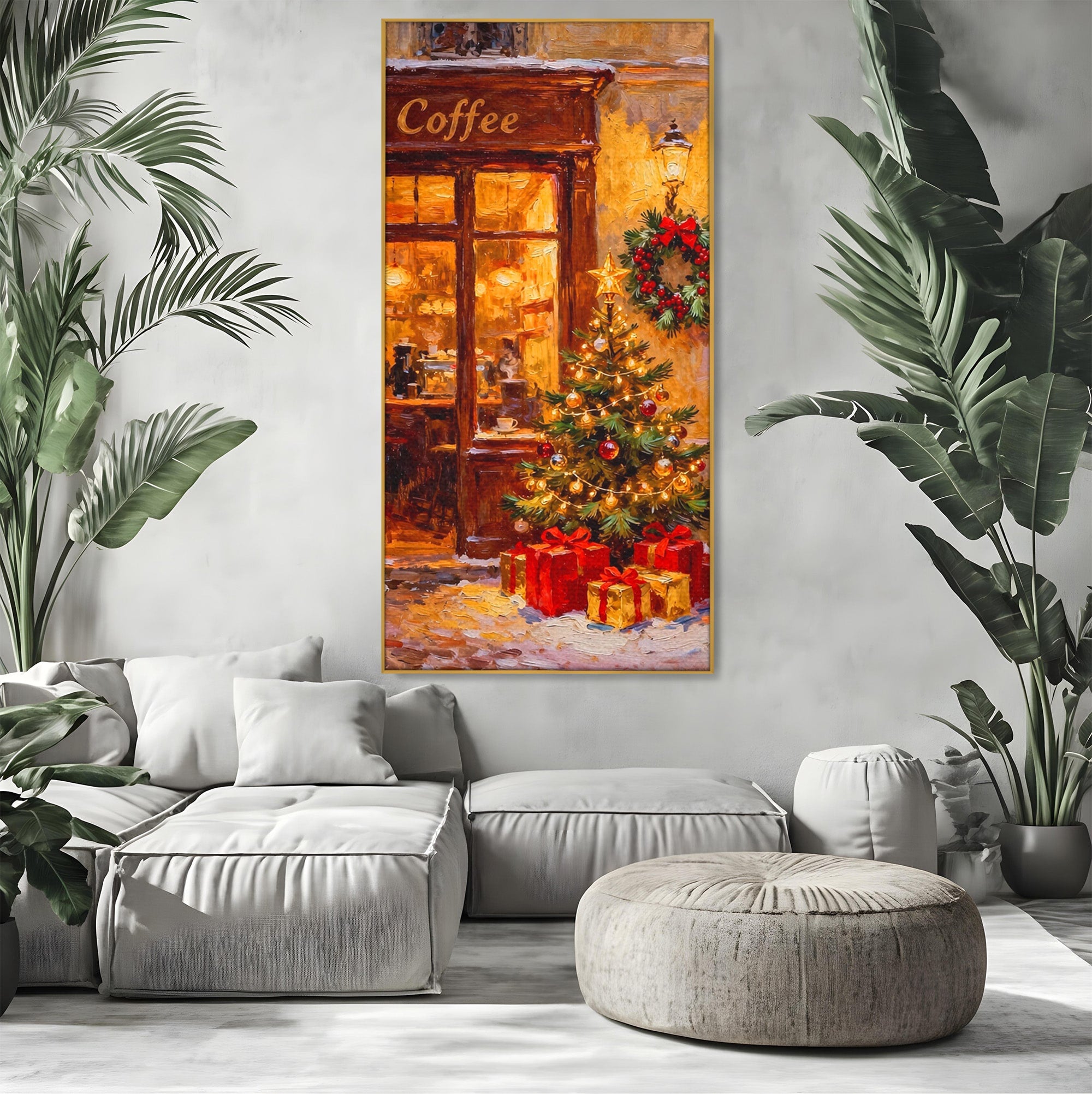 Tablou Canvas Premium LuxCanva® PI1080, Cafenea De Craciun, Seara, Cafea, Decor, Festiv, Iarna, Living, Culori Vibrante