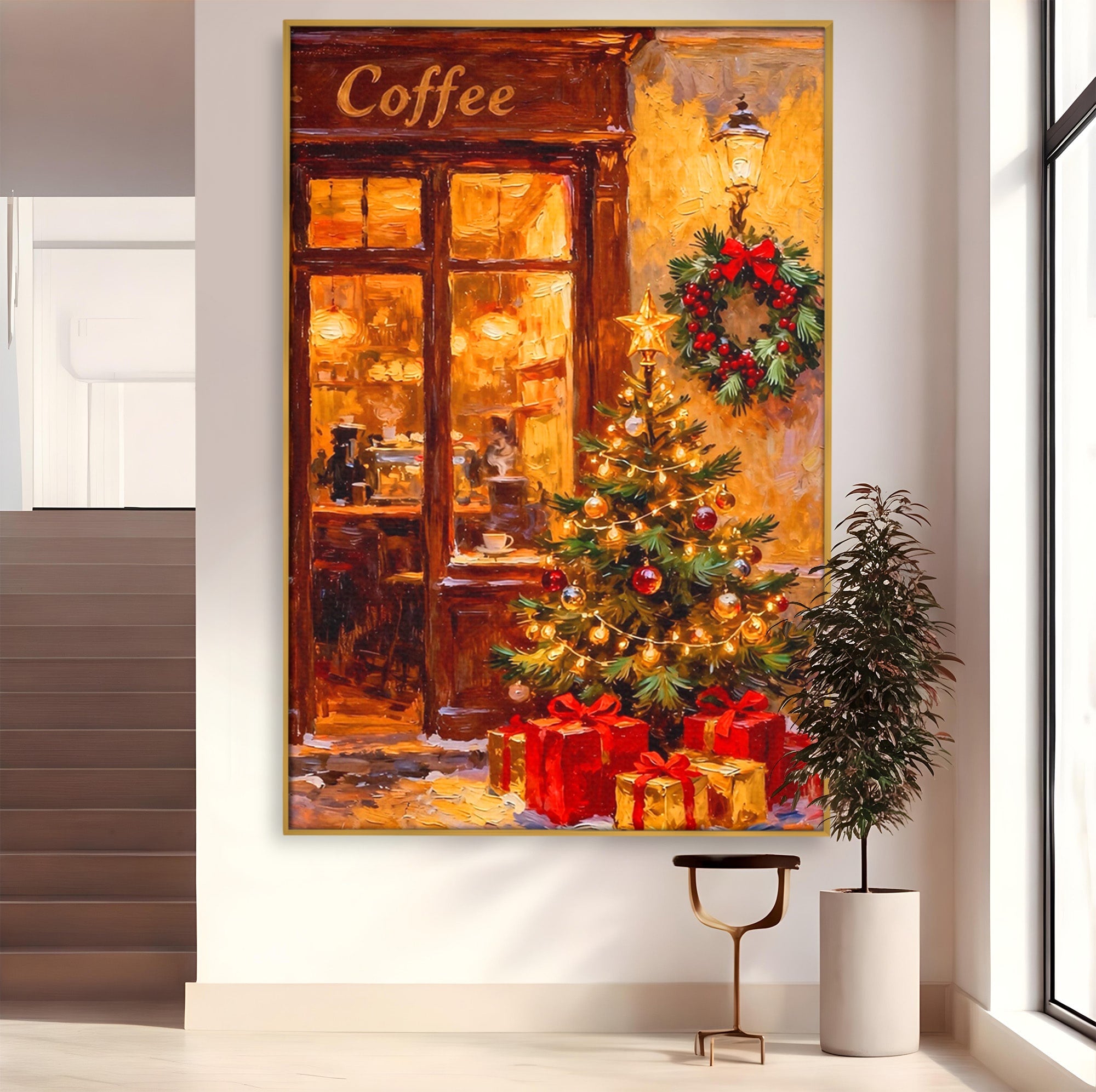Tablou Canvas Premium LuxCanva® PI1080, Cafenea De Craciun, Seara, Cafea, Decor, Festiv, Iarna, Living, Culori Vibrante