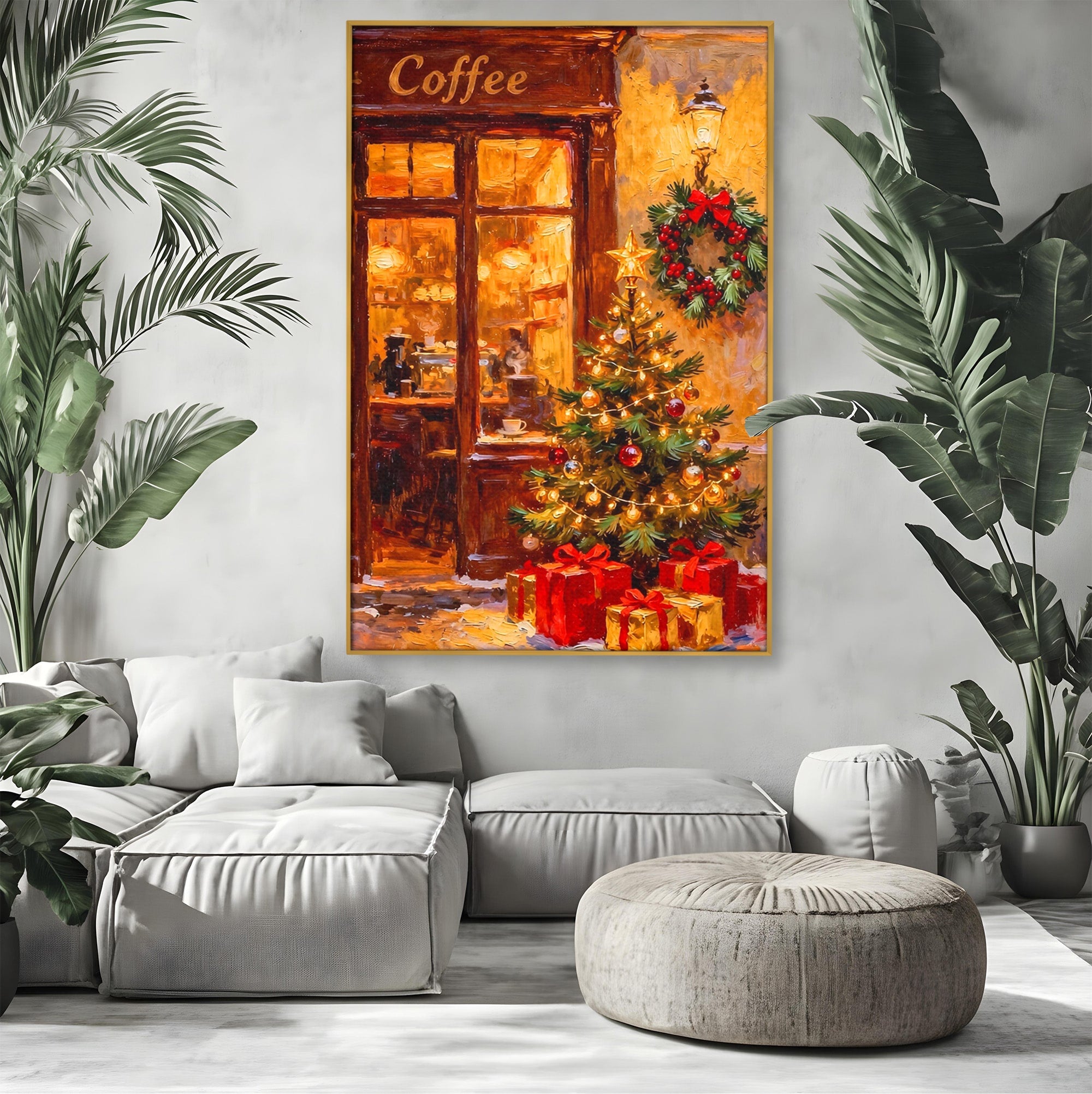 Tablou Canvas Premium LuxCanva® PI1080, Cafenea De Craciun, Seara, Cafea, Decor, Festiv, Iarna, Living, Culori Vibrante