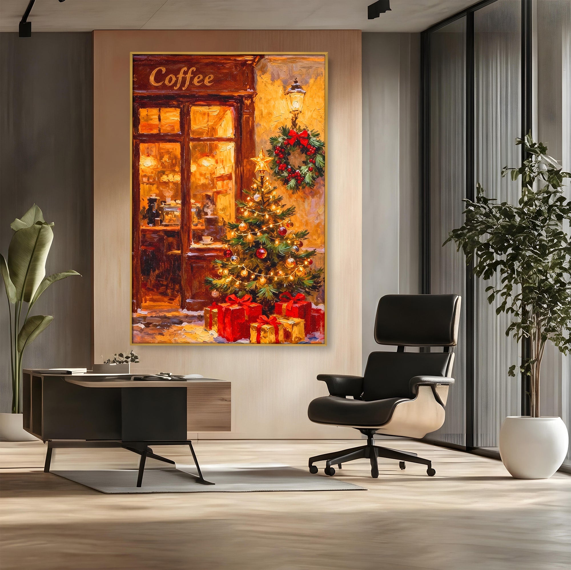 Tablou Canvas Premium LuxCanva® PI1080, Cafenea De Craciun, Seara, Cafea, Decor, Festiv, Iarna, Living, Culori Vibrante