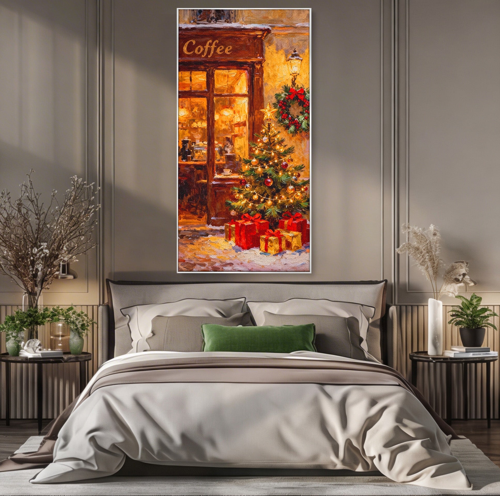 Tablou Canvas Premium LuxCanva® PI1080, Cafenea De Craciun, Seara, Cafea, Decor, Festiv, Iarna, Living, Culori Vibrante