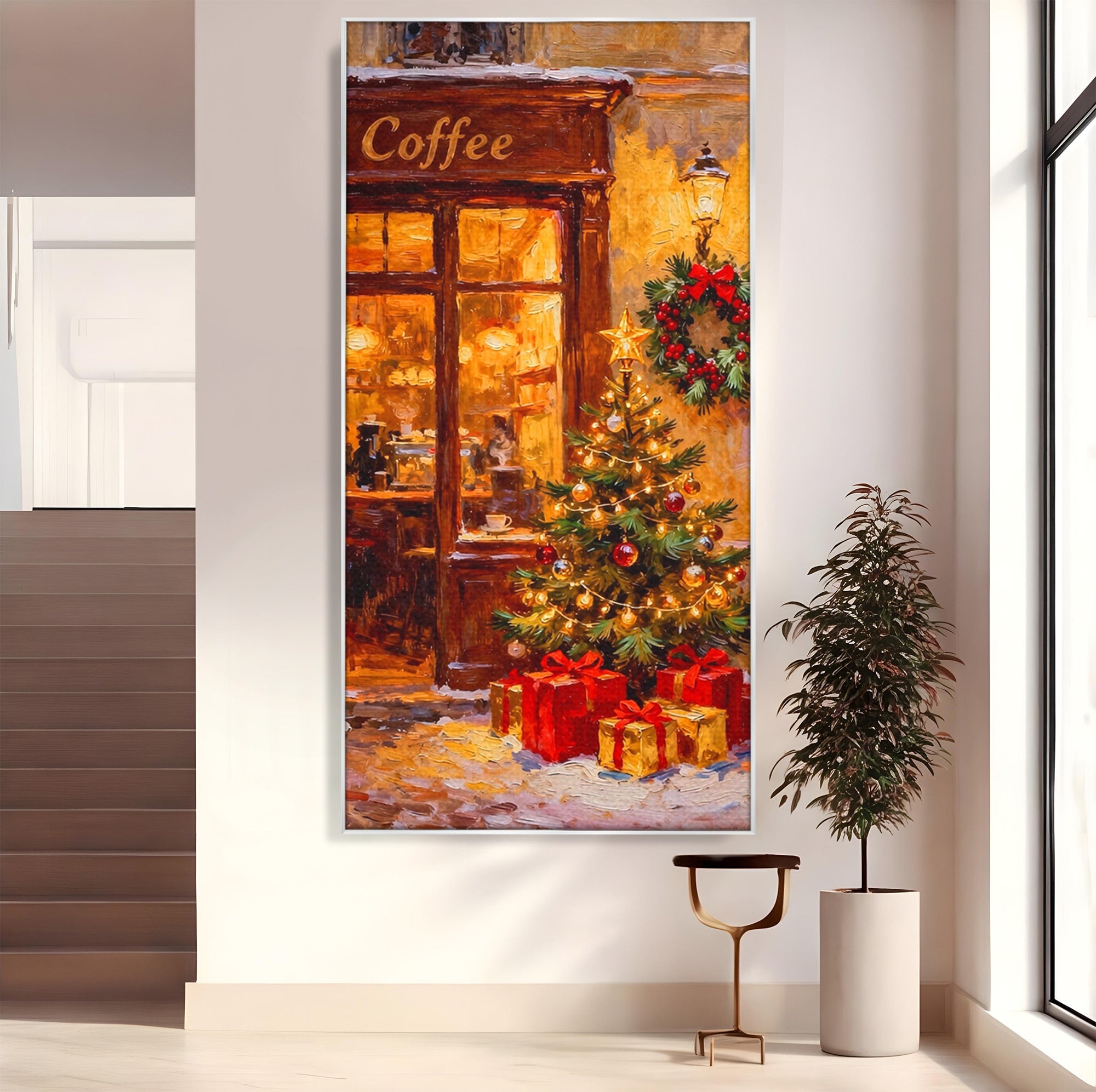 Tablou Canvas Premium LuxCanva® PI1080, Cafenea De Craciun, Seara, Cafea, Decor, Festiv, Iarna, Living, Culori Vibrante