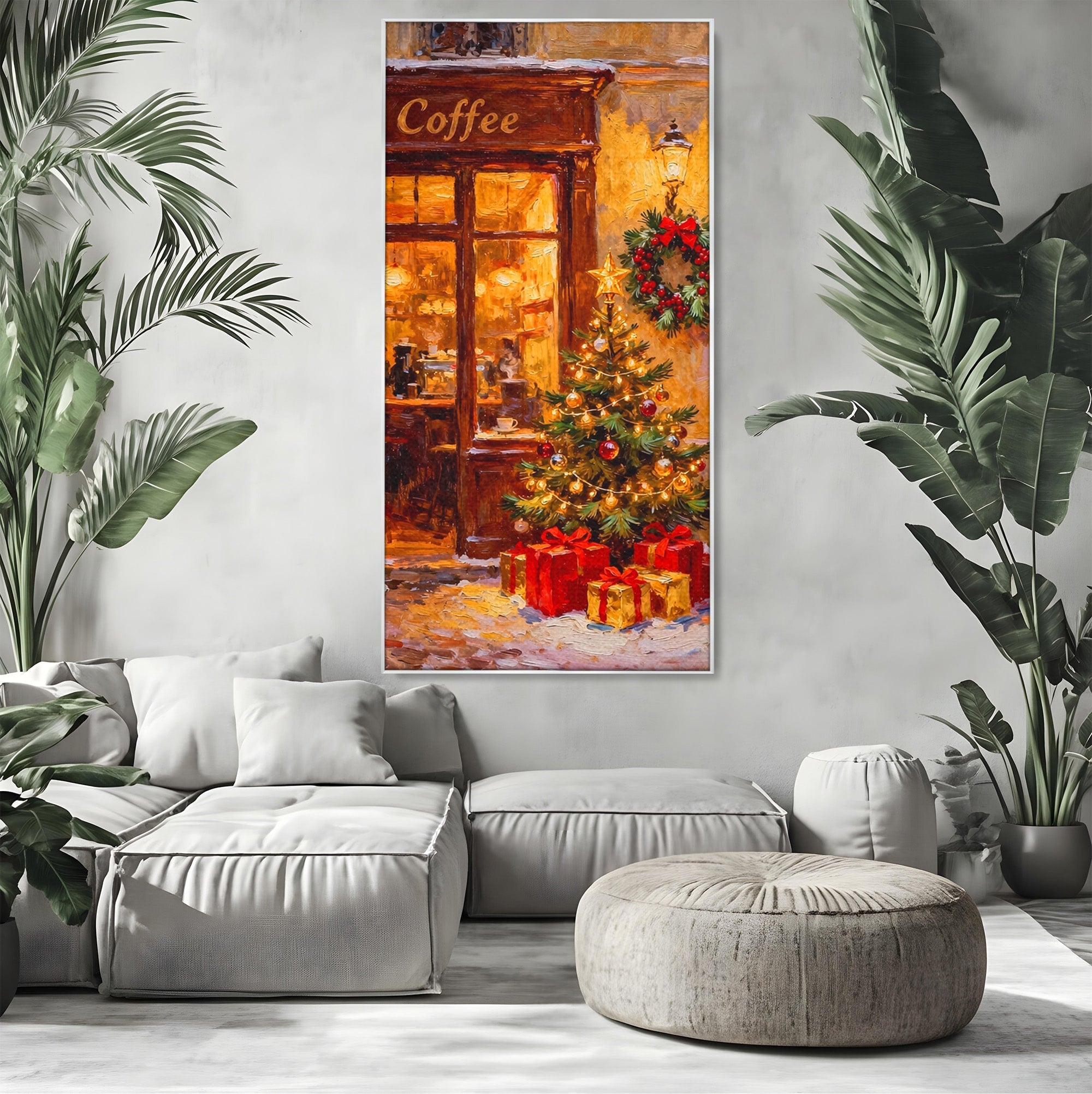 Tablou Canvas Premium LuxCanva® PI1080, Cafenea De Craciun, Seara, Cafea, Decor, Festiv, Iarna, Living, Culori Vibrante