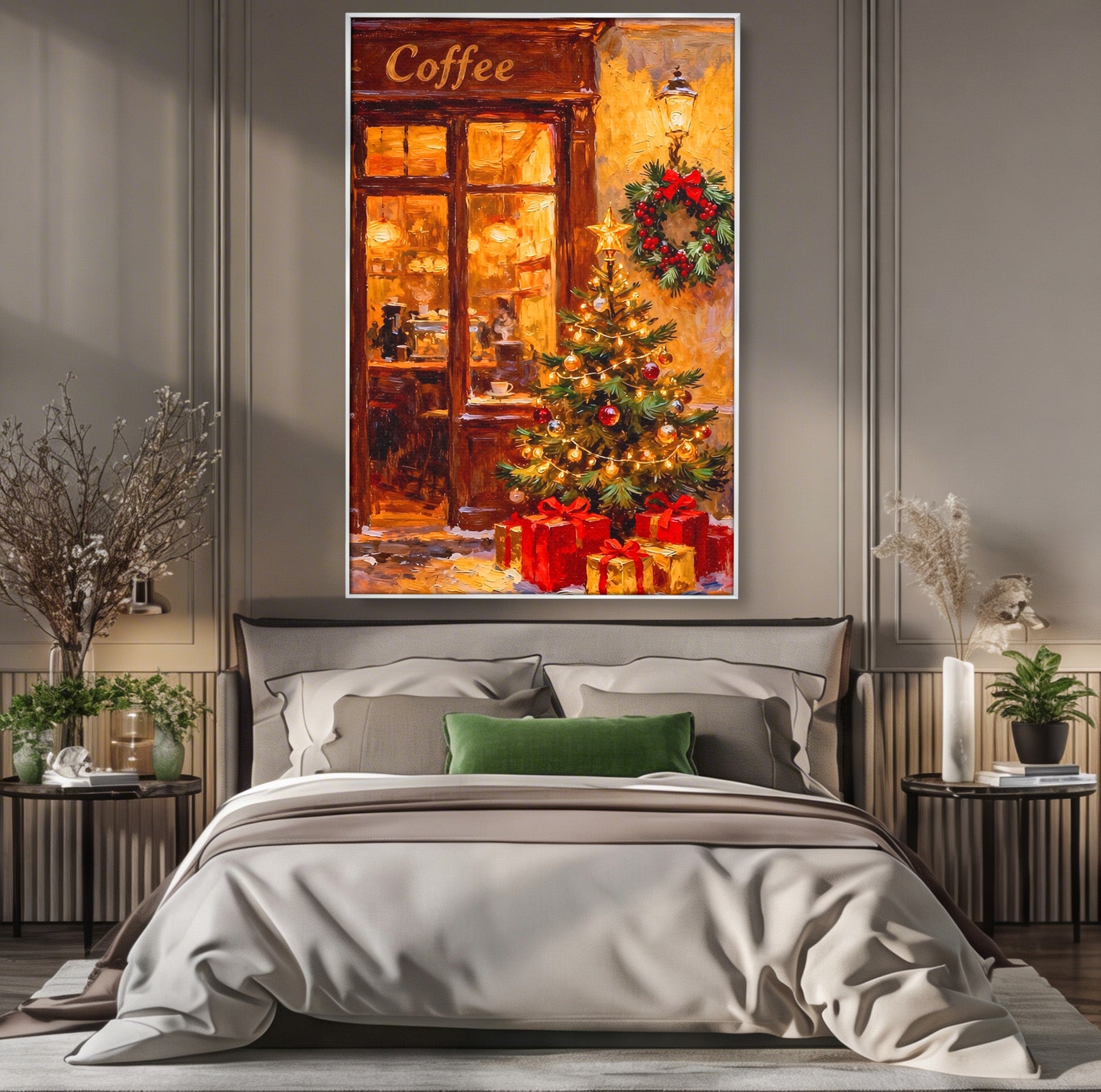 Tablou Canvas Premium LuxCanva® PI1080, Cafenea De Craciun, Seara, Cafea, Decor, Festiv, Iarna, Living, Culori Vibrante