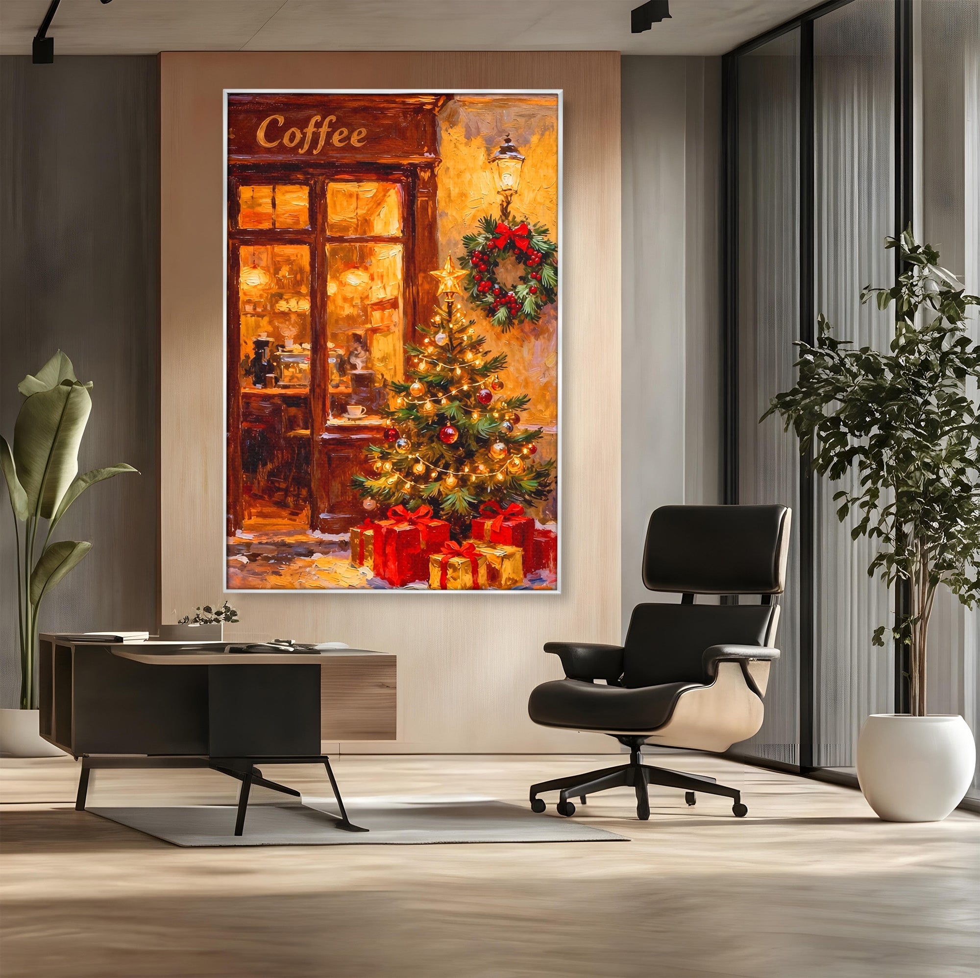 Tablou Canvas Premium LuxCanva® PI1080, Cafenea De Craciun, Seara, Cafea, Decor, Festiv, Iarna, Living, Culori Vibrante