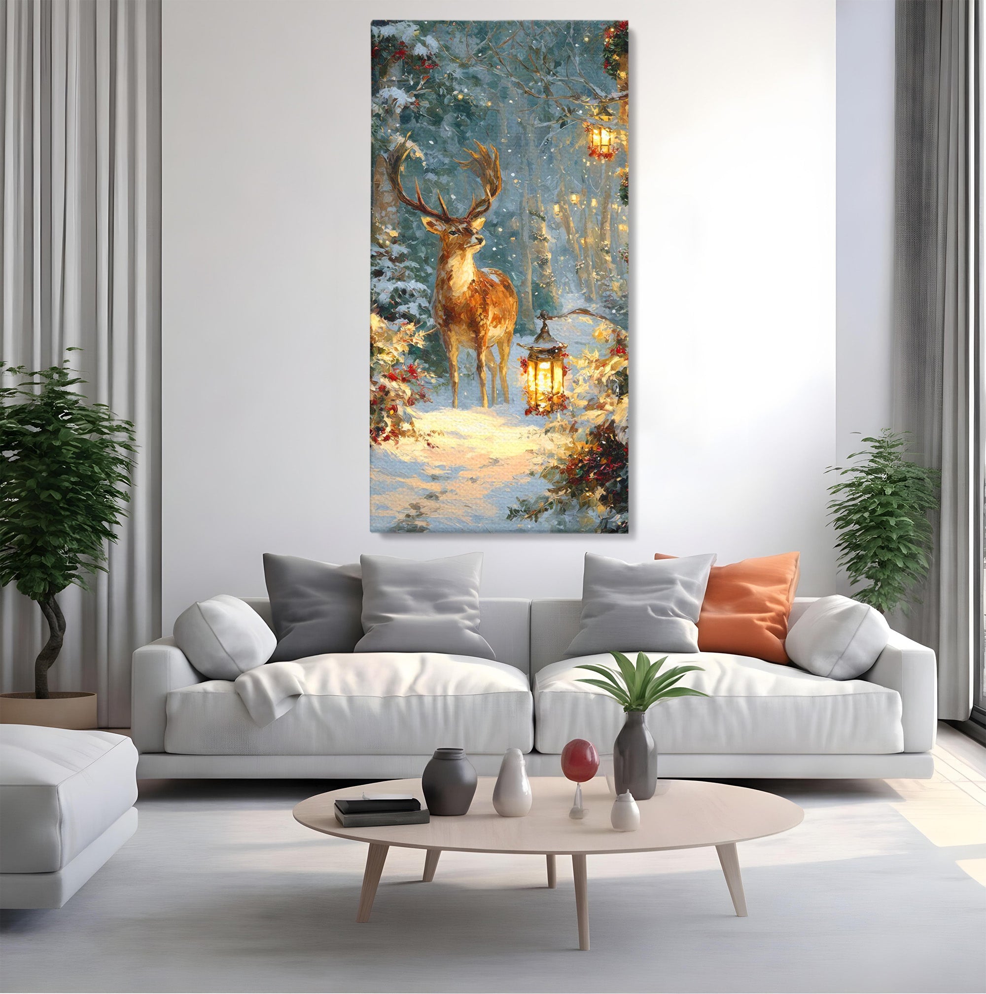 Tablou Canvas Premium LuxCanva® PI1081, Cerbul In Padurea De Iarna, Coarne, Iarna, Padure, Natura, Living, Dormitor, Culori Vibrante