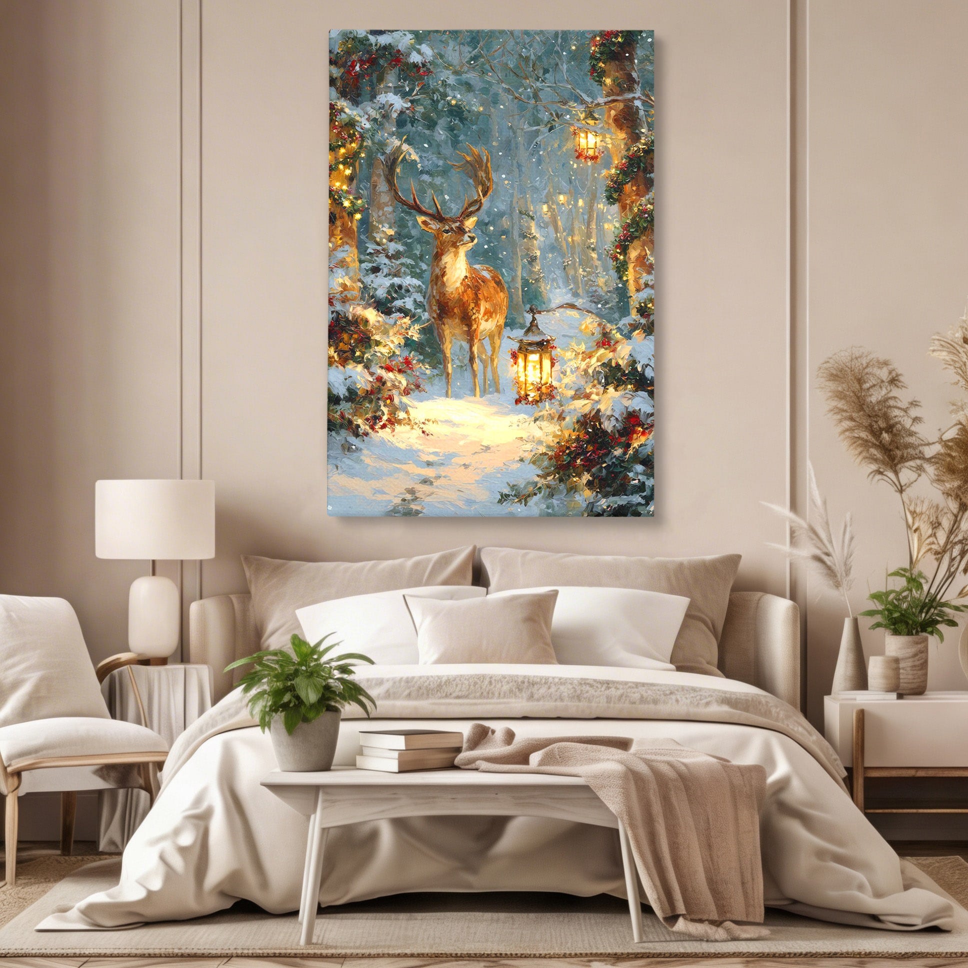 Tablou Canvas Premium LuxCanva® PI1081, Cerbul In Padurea De Iarna, Coarne, Iarna, Padure, Natura, Living, Dormitor, Culori Vibrante