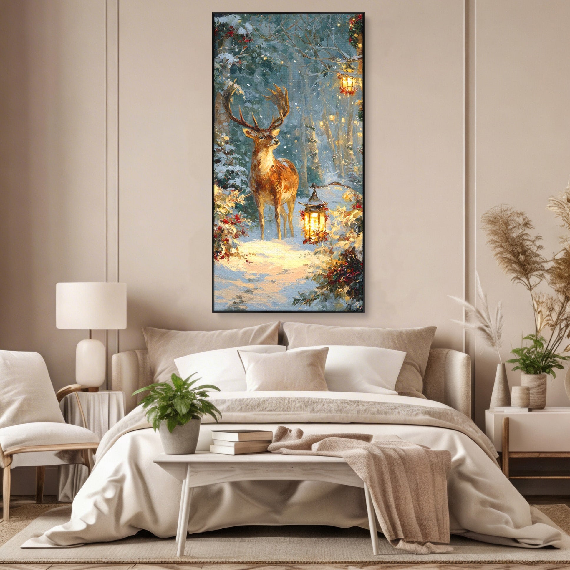 Tablou Canvas Premium LuxCanva® PI1081, Cerbul In Padurea De Iarna, Coarne, Iarna, Padure, Natura, Living, Dormitor, Culori Vibrante