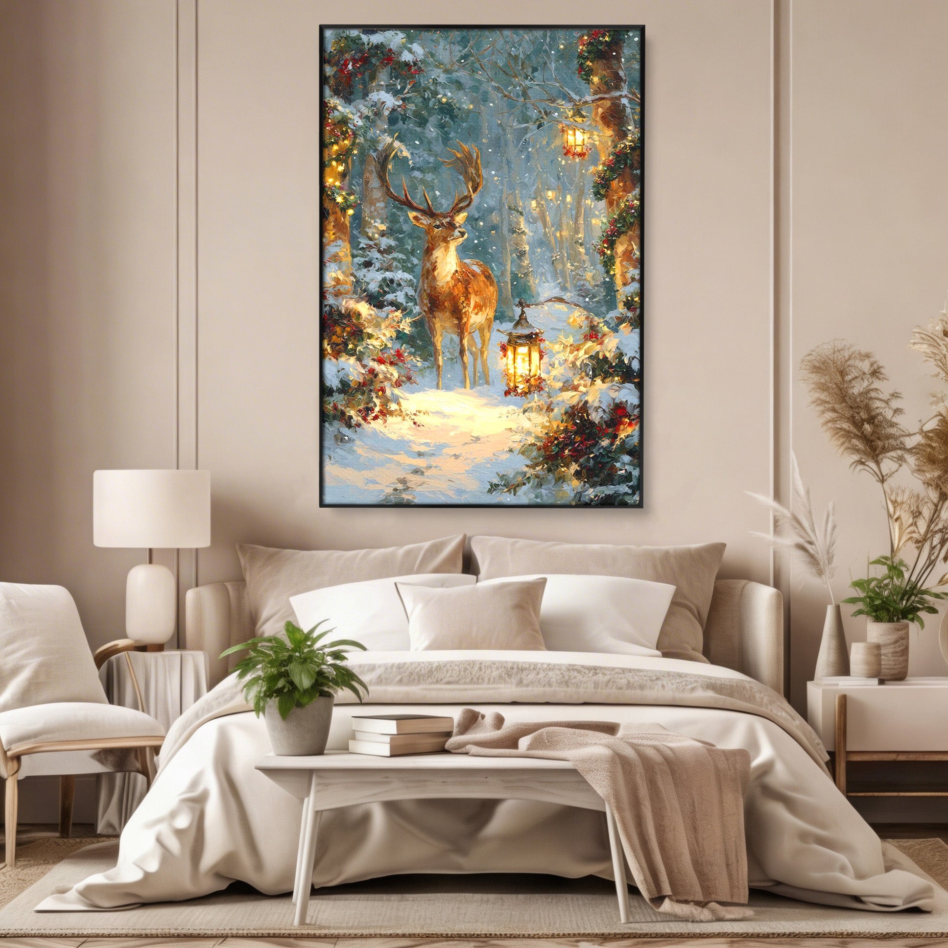 Tablou Canvas Premium LuxCanva® PI1081, Cerbul In Padurea De Iarna, Coarne, Iarna, Padure, Natura, Living, Dormitor, Culori Vibrante