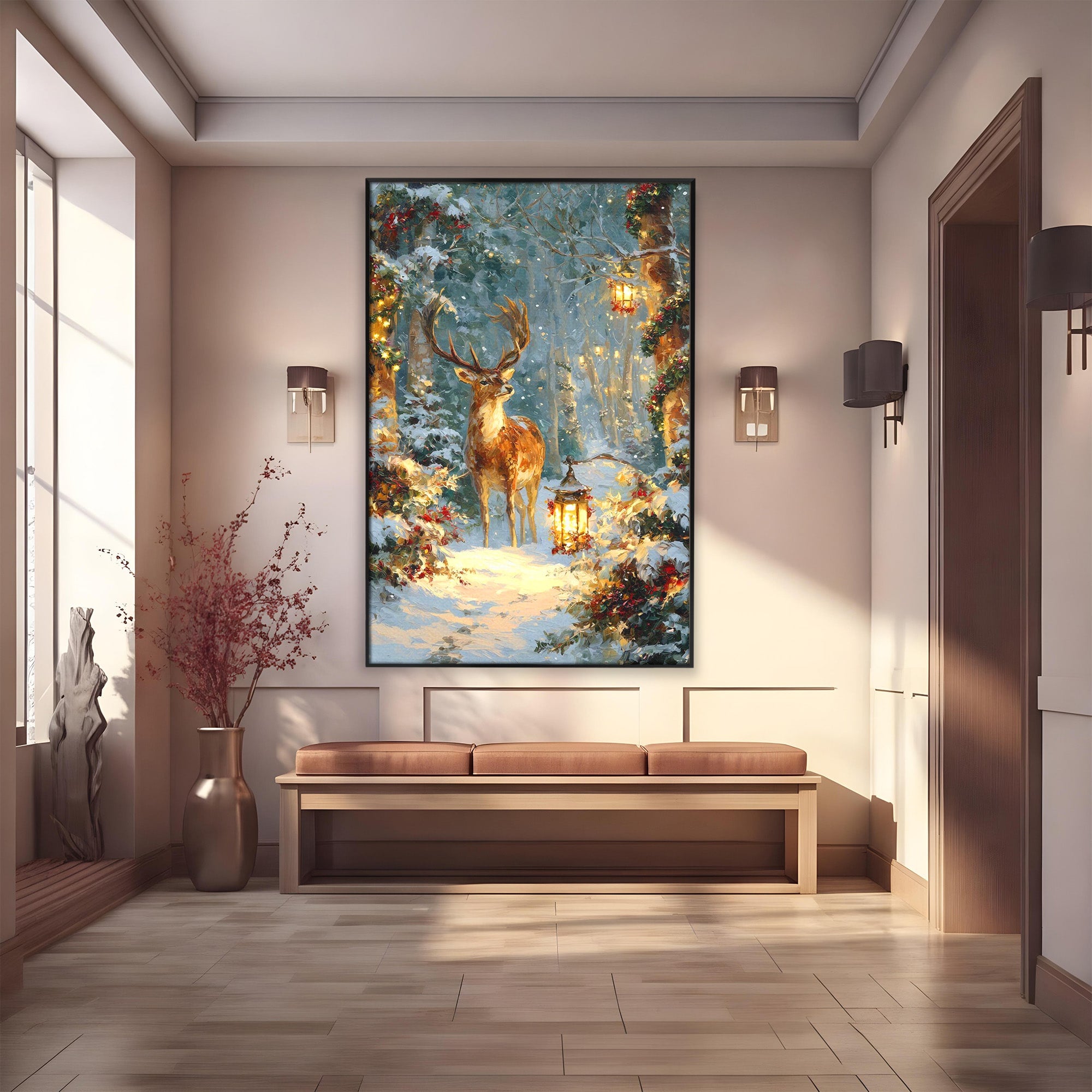 Tablou Canvas Premium LuxCanva® PI1081, Cerbul In Padurea De Iarna, Coarne, Iarna, Padure, Natura, Living, Dormitor, Culori Vibrante