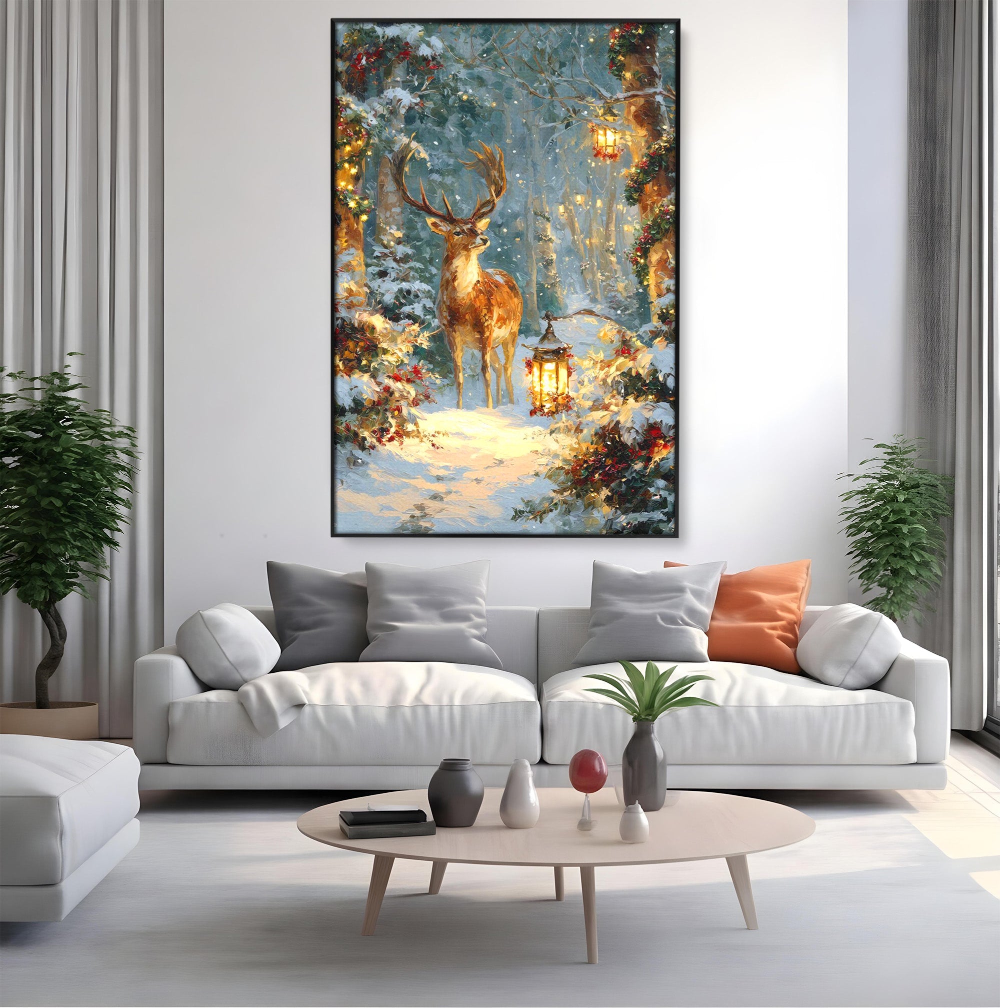 Tablou Canvas Premium LuxCanva® PI1081, Cerbul In Padurea De Iarna, Coarne, Iarna, Padure, Natura, Living, Dormitor, Culori Vibrante