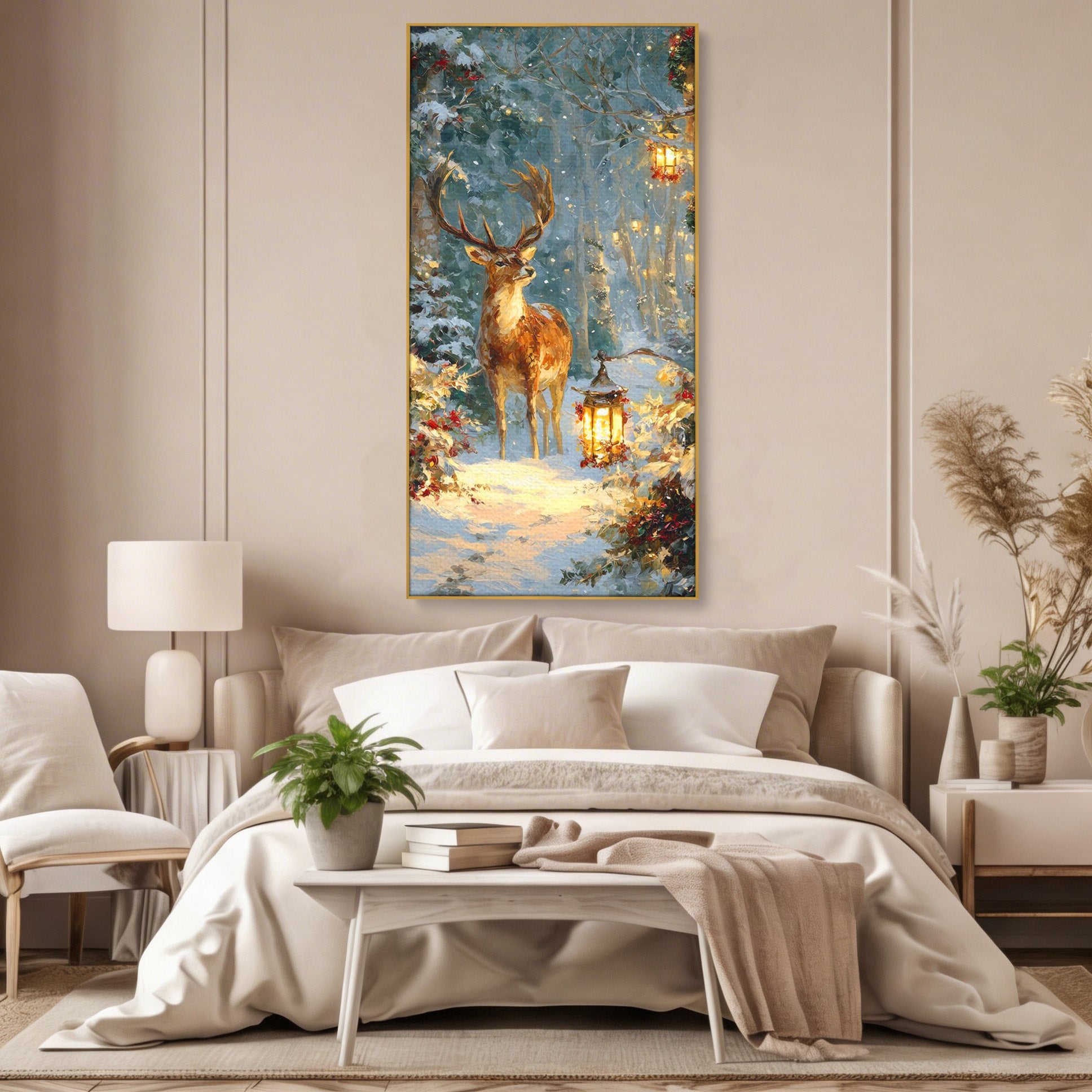 Tablou Canvas Premium LuxCanva® PI1081, Cerbul In Padurea De Iarna, Coarne, Iarna, Padure, Natura, Living, Dormitor, Culori Vibrante