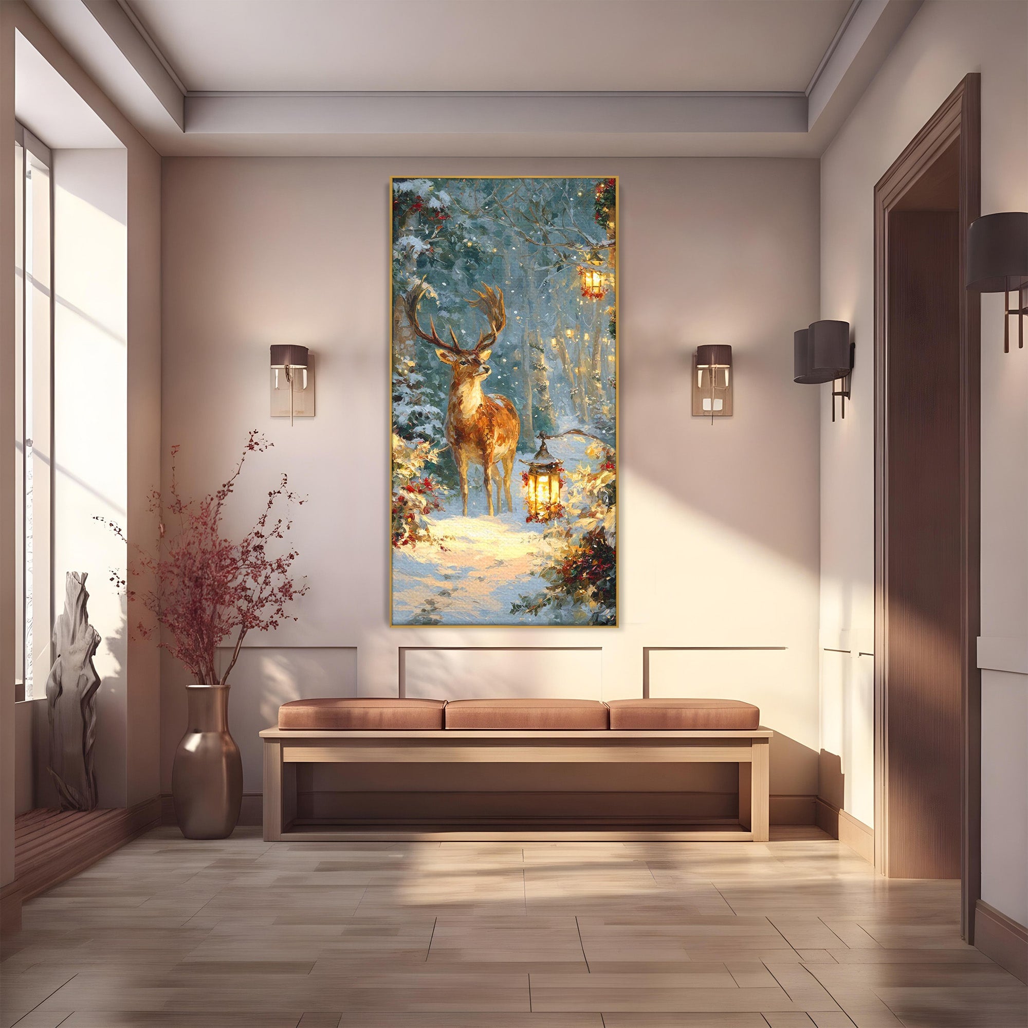 Tablou Canvas Premium LuxCanva® PI1081, Cerbul In Padurea De Iarna, Coarne, Iarna, Padure, Natura, Living, Dormitor, Culori Vibrante