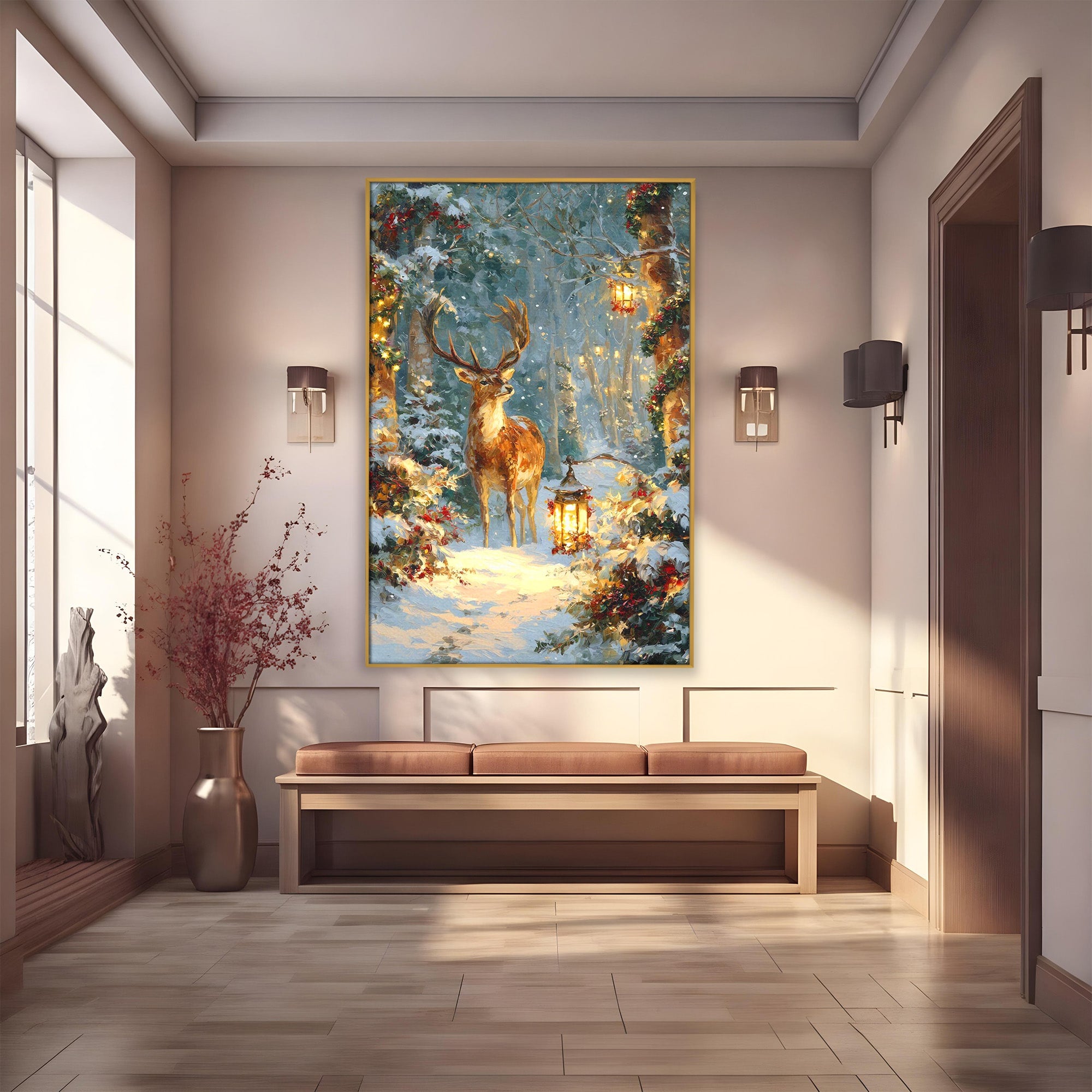 Tablou Canvas Premium LuxCanva® PI1081, Cerbul In Padurea De Iarna, Coarne, Iarna, Padure, Natura, Living, Dormitor, Culori Vibrante
