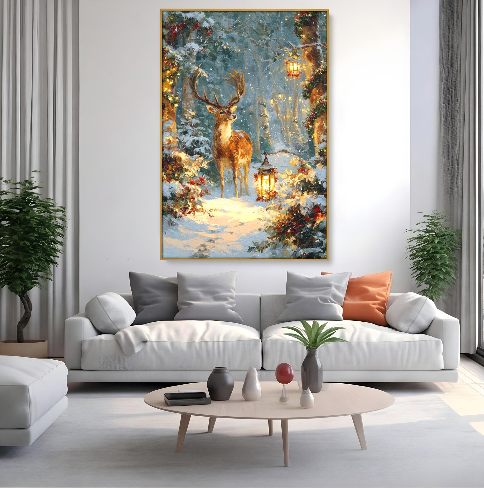 Tablou Canvas Premium LuxCanva® PI1081, Cerbul In Padurea De Iarna, Coarne, Iarna, Padure, Natura, Living, Dormitor, Culori Vibrante