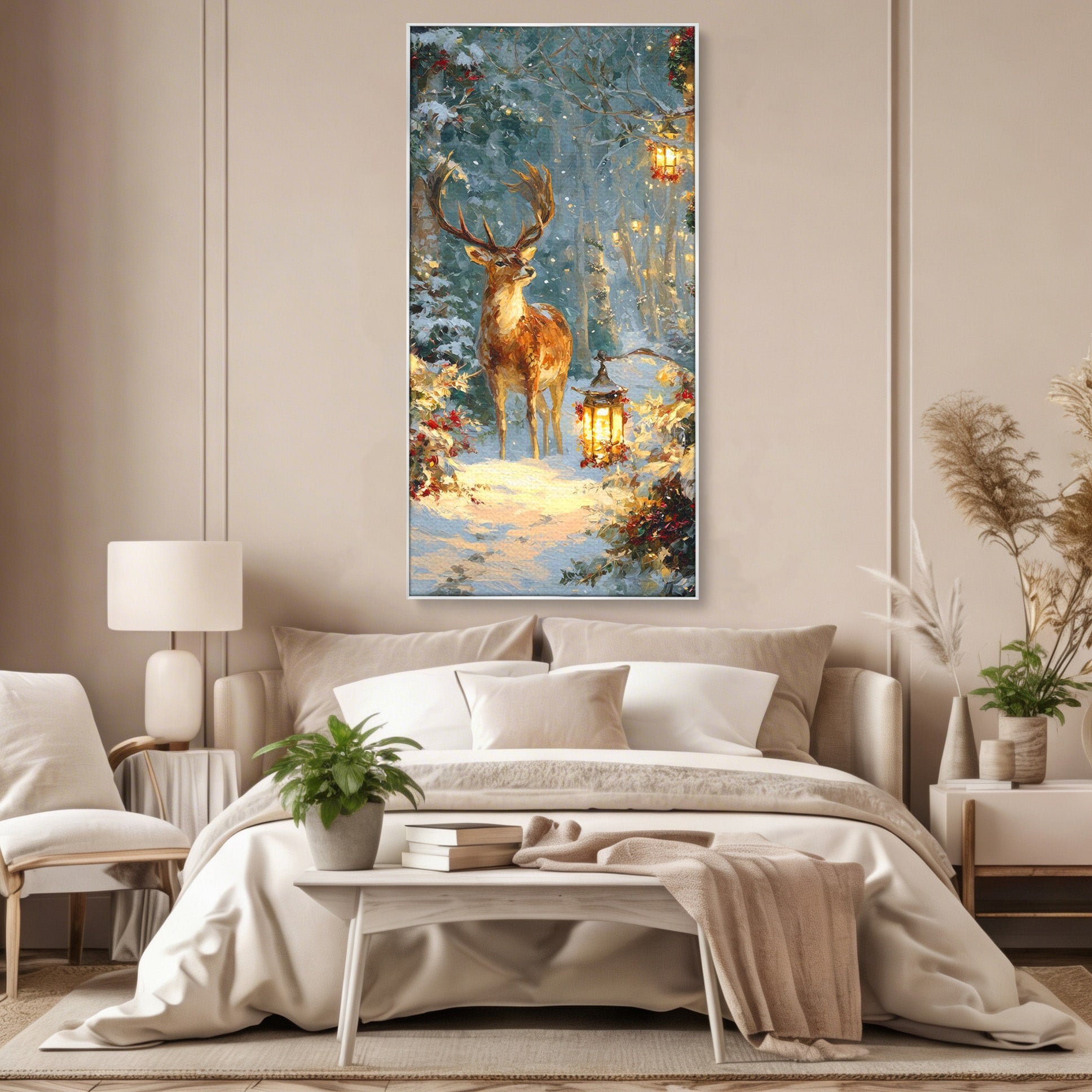 Tablou Canvas Premium LuxCanva® PI1081, Cerbul In Padurea De Iarna, Coarne, Iarna, Padure, Natura, Living, Dormitor, Culori Vibrante