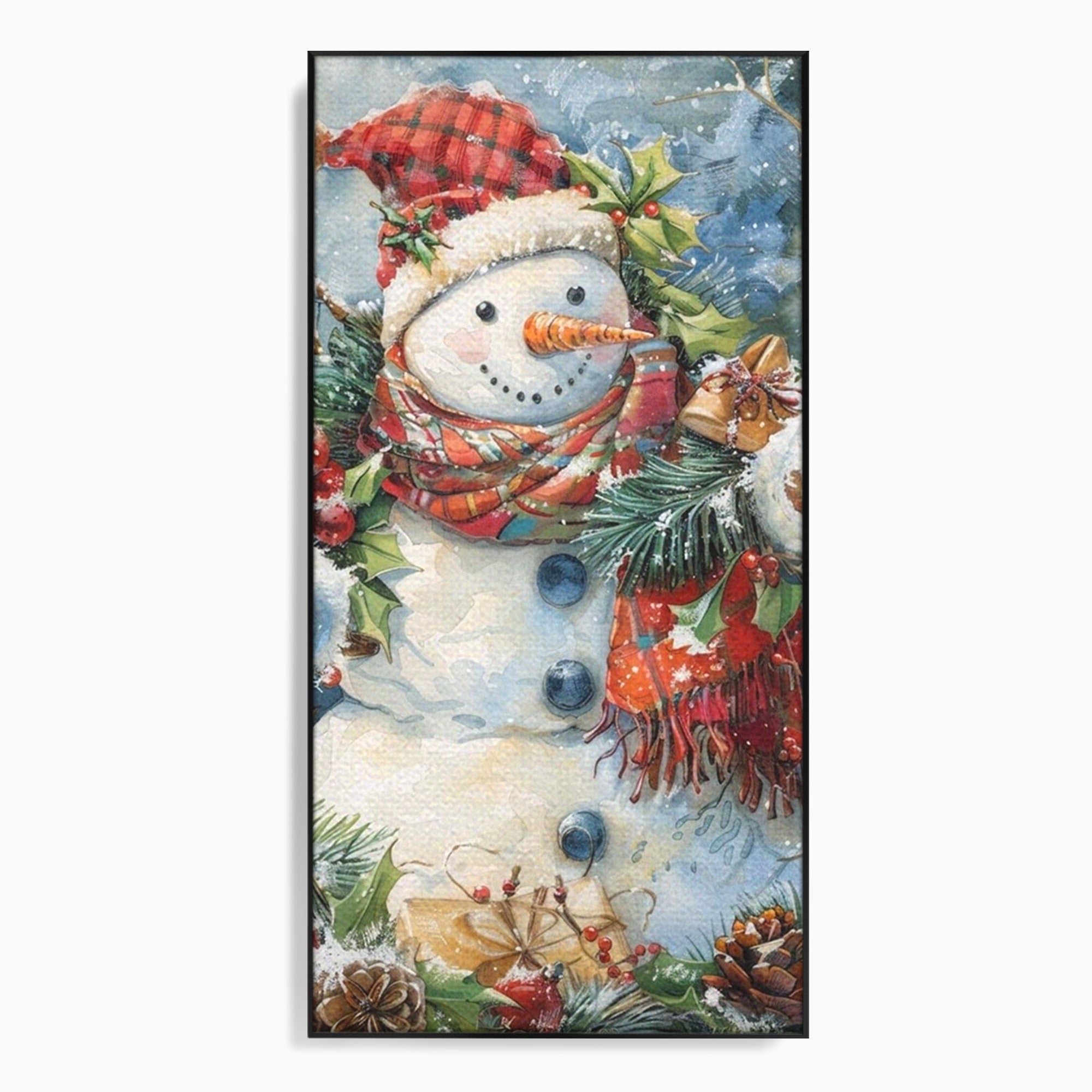 Tablou Canvas Premium LuxCanva® PI1082, Omul De Zapada, Iarna, Craciun, Fular, Rosu, Decoratiuni, Living, Sarbatori, Culori Vibrante