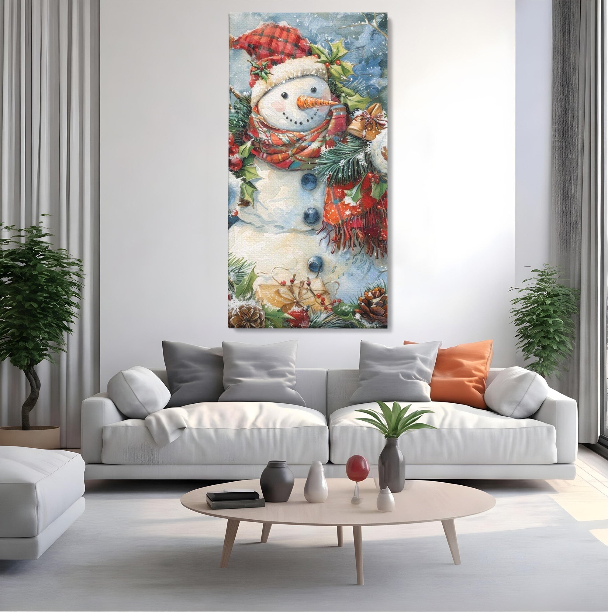 Tablou Canvas Premium LuxCanva® PI1082, Omul De Zapada, Iarna, Craciun, Fular, Rosu, Decoratiuni, Living, Sarbatori, Culori Vibrante