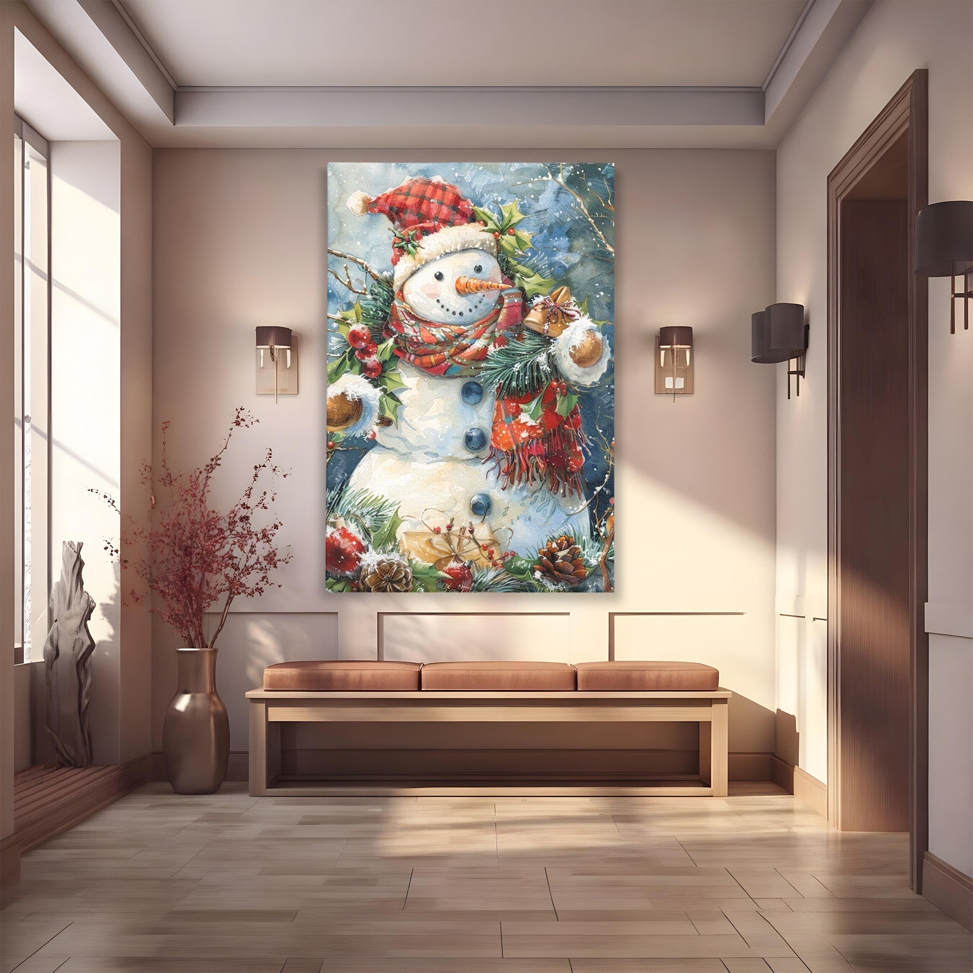 Tablou Canvas Premium LuxCanva® PI1082, Omul De Zapada, Iarna, Craciun, Fular, Rosu, Decoratiuni, Living, Sarbatori, Culori Vibrante