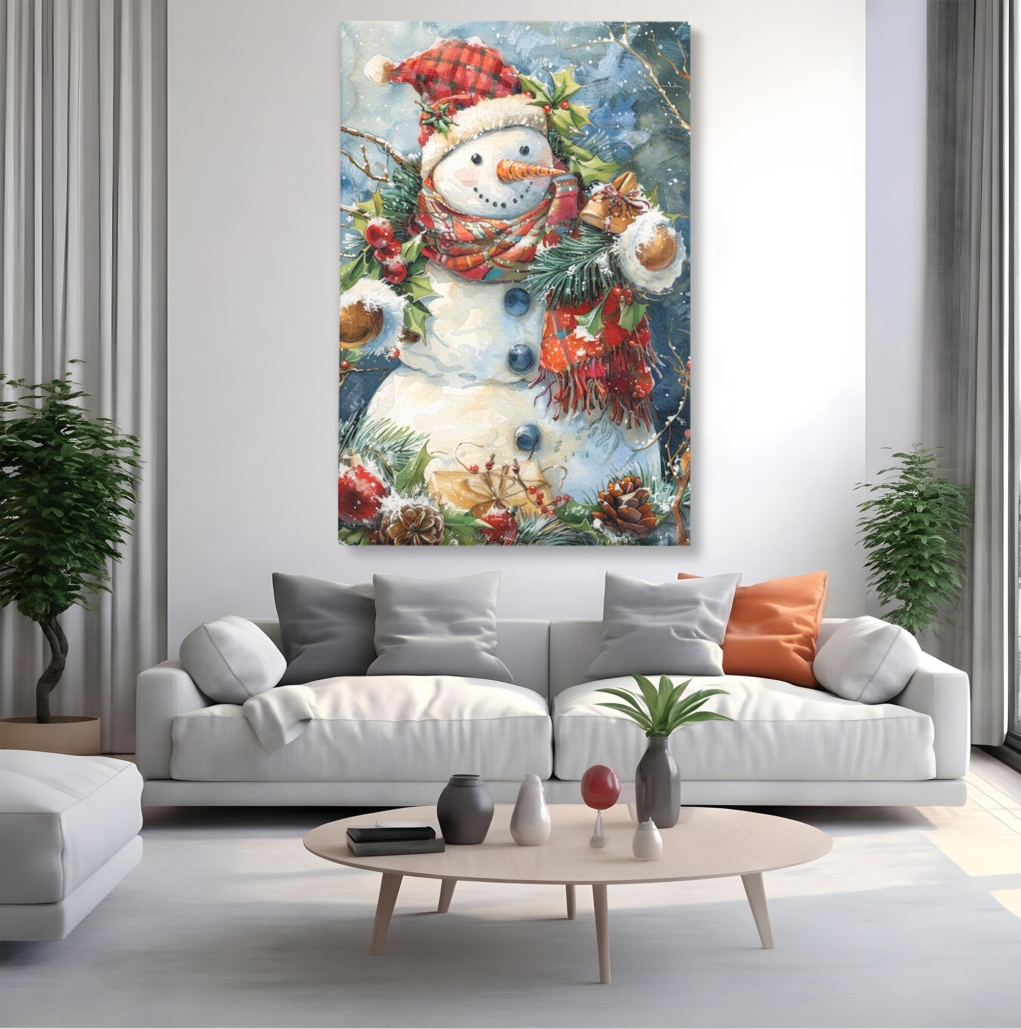 Tablou Canvas Premium LuxCanva® PI1082, Omul De Zapada, Iarna, Craciun, Fular, Rosu, Decoratiuni, Living, Sarbatori, Culori Vibrante