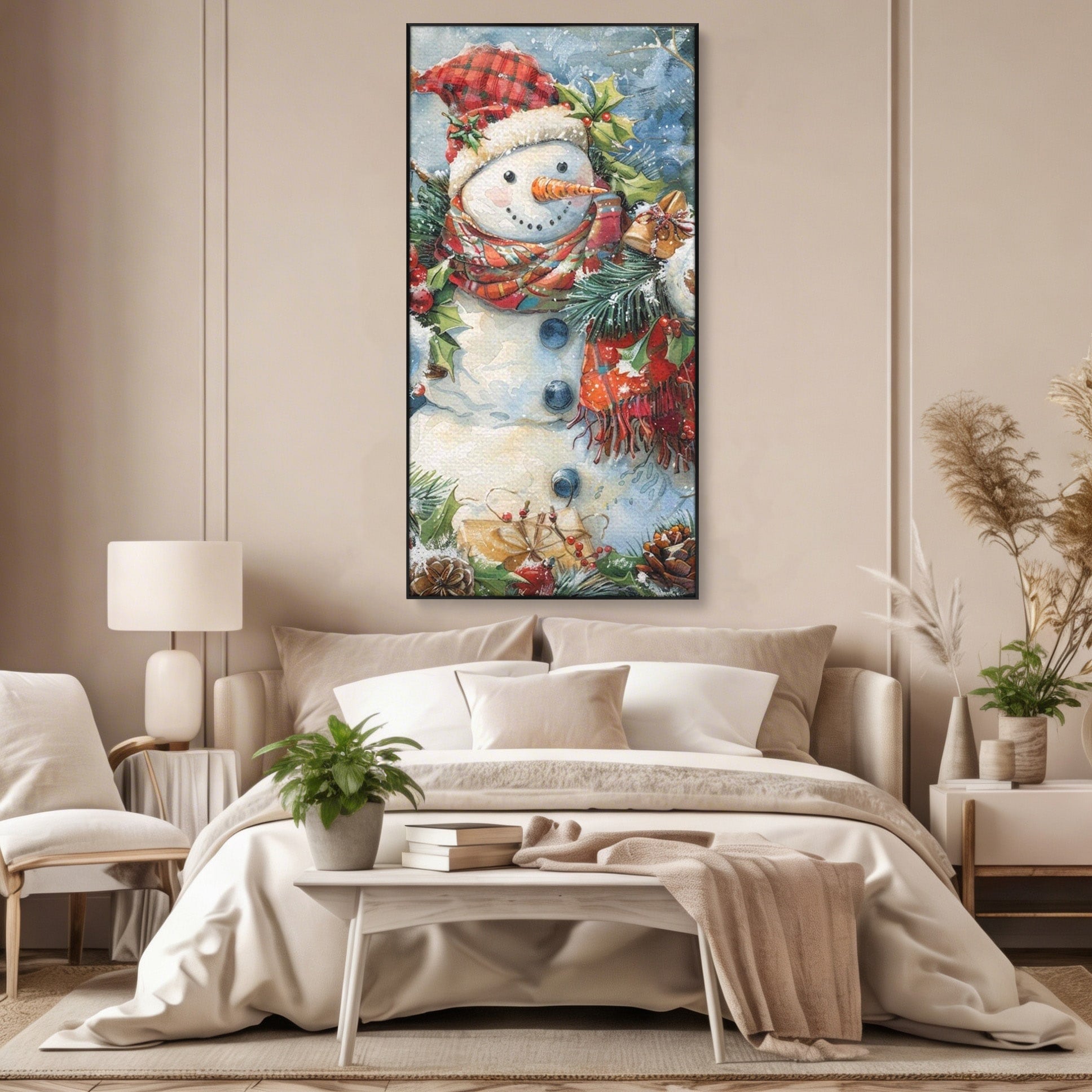 Tablou Canvas Premium LuxCanva® PI1082, Omul De Zapada, Iarna, Craciun, Fular, Rosu, Decoratiuni, Living, Sarbatori, Culori Vibrante