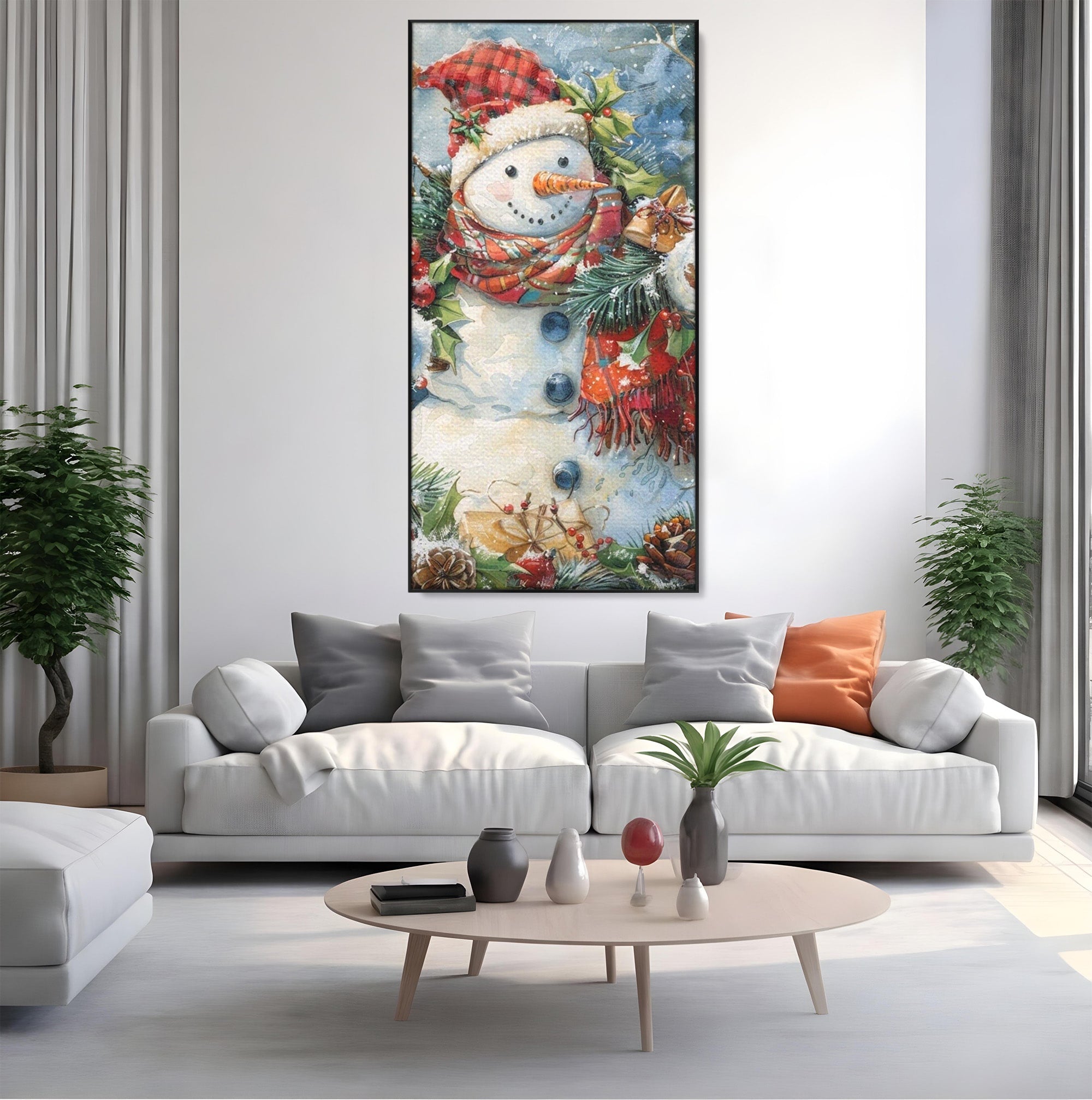 Tablou Canvas Premium LuxCanva® PI1082, Omul De Zapada, Iarna, Craciun, Fular, Rosu, Decoratiuni, Living, Sarbatori, Culori Vibrante
