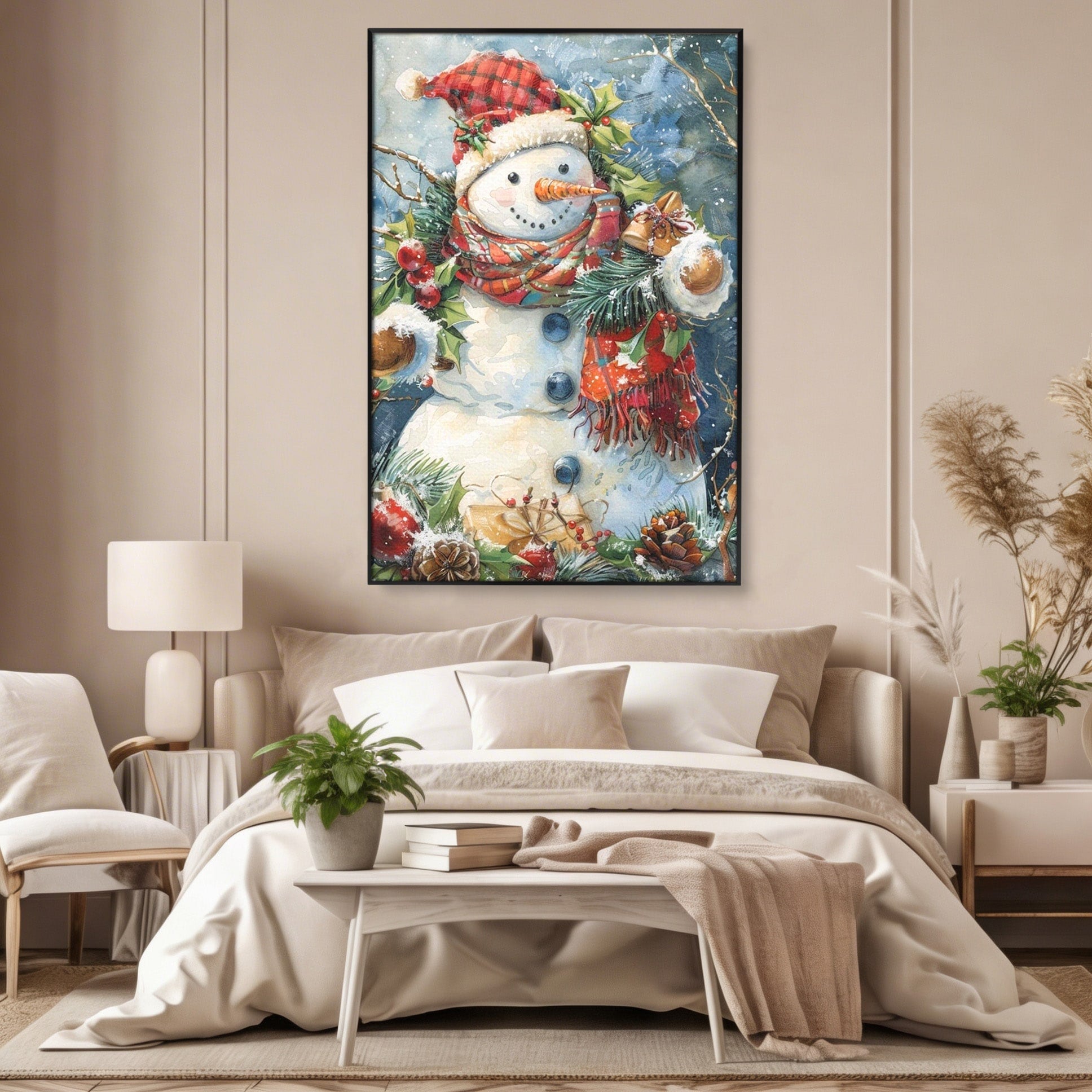 Tablou Canvas Premium LuxCanva® PI1082, Omul De Zapada, Iarna, Craciun, Fular, Rosu, Decoratiuni, Living, Sarbatori, Culori Vibrante