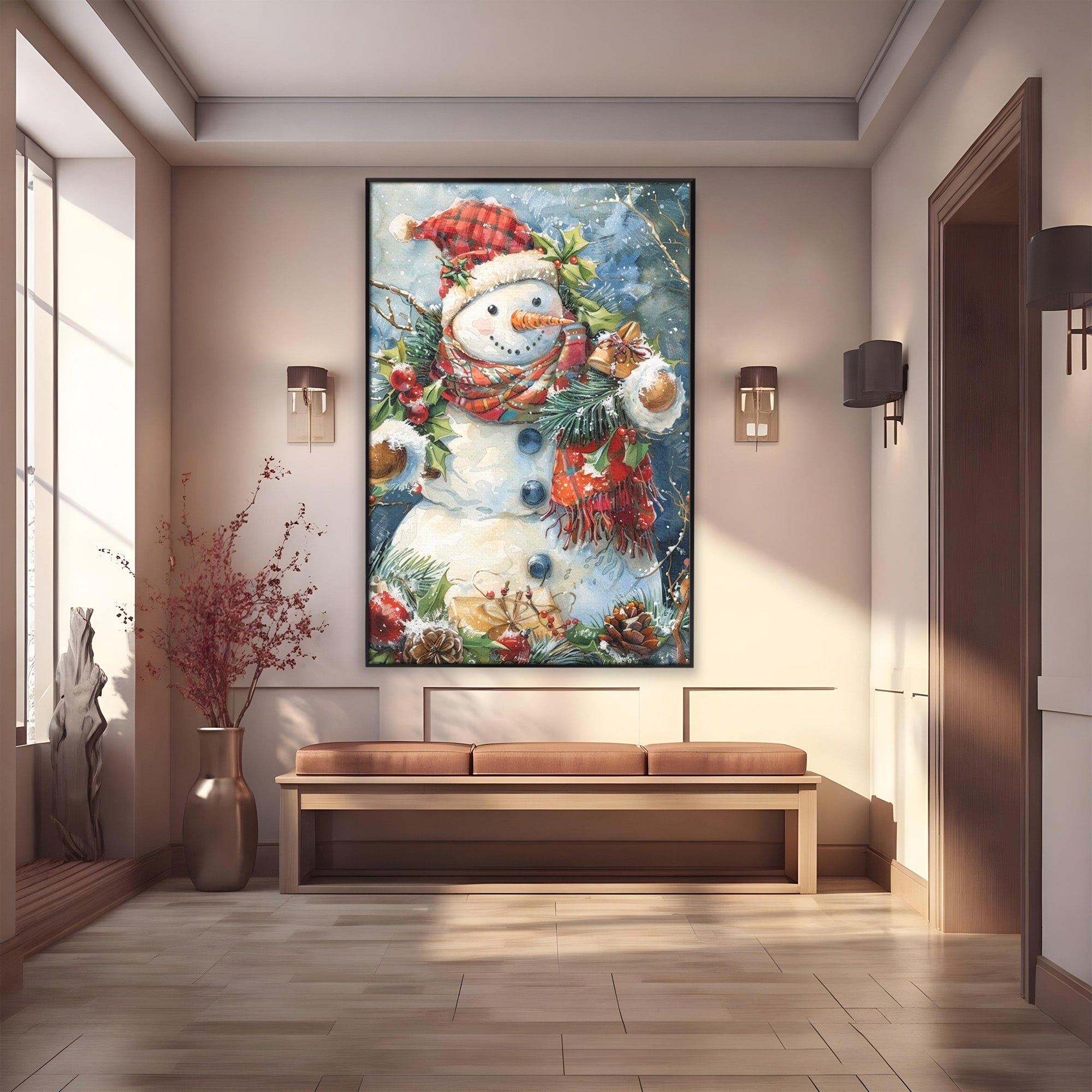 Tablou Canvas Premium LuxCanva® PI1082, Omul De Zapada, Iarna, Craciun, Fular, Rosu, Decoratiuni, Living, Sarbatori, Culori Vibrante