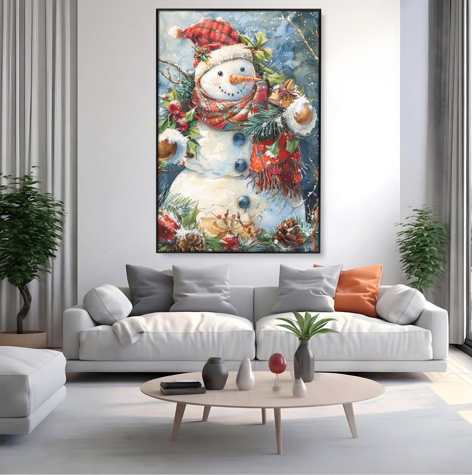 Tablou Canvas Premium LuxCanva® PI1082, Omul De Zapada, Iarna, Craciun, Fular, Rosu, Decoratiuni, Living, Sarbatori, Culori Vibrante
