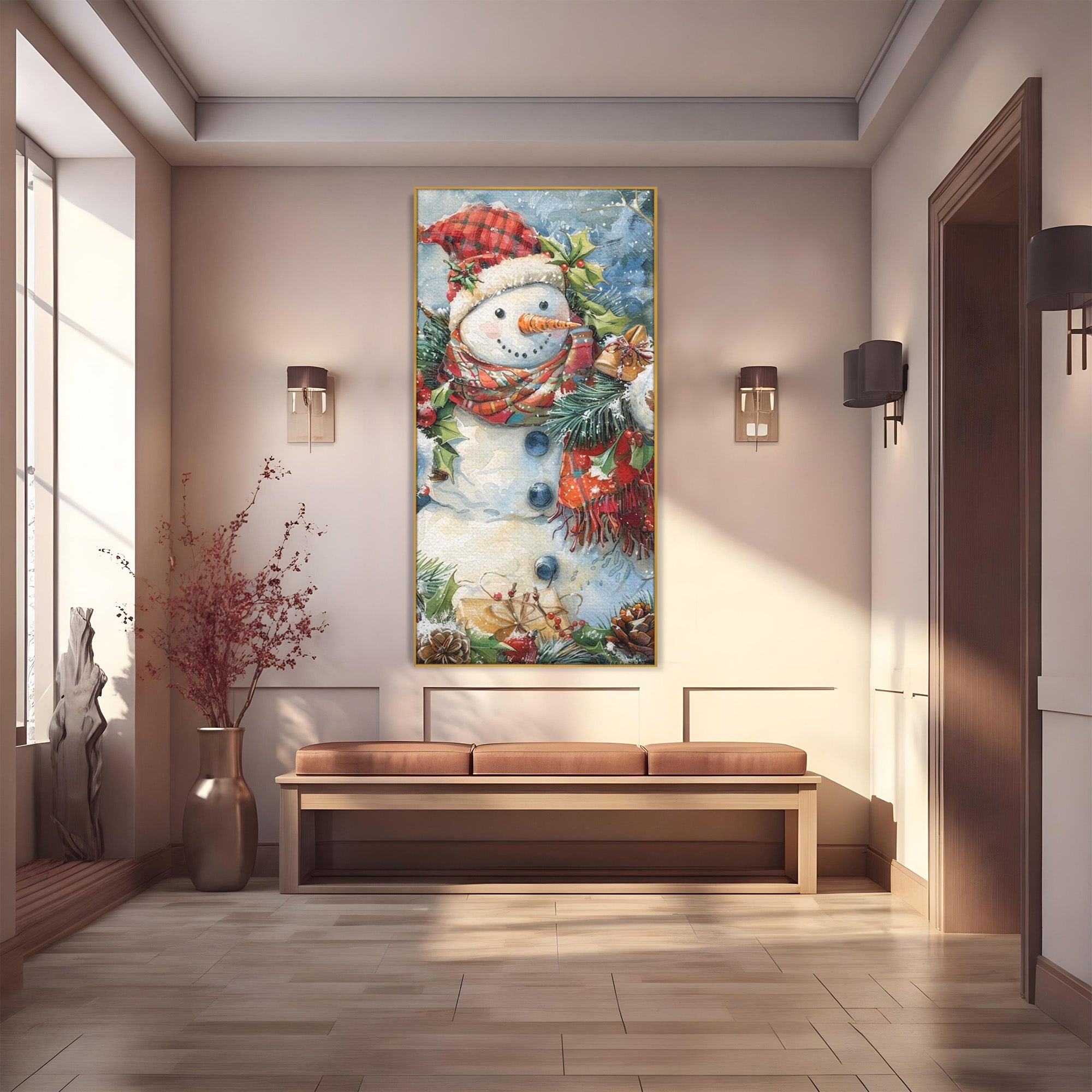Tablou Canvas Premium LuxCanva® PI1082, Omul De Zapada, Iarna, Craciun, Fular, Rosu, Decoratiuni, Living, Sarbatori, Culori Vibrante