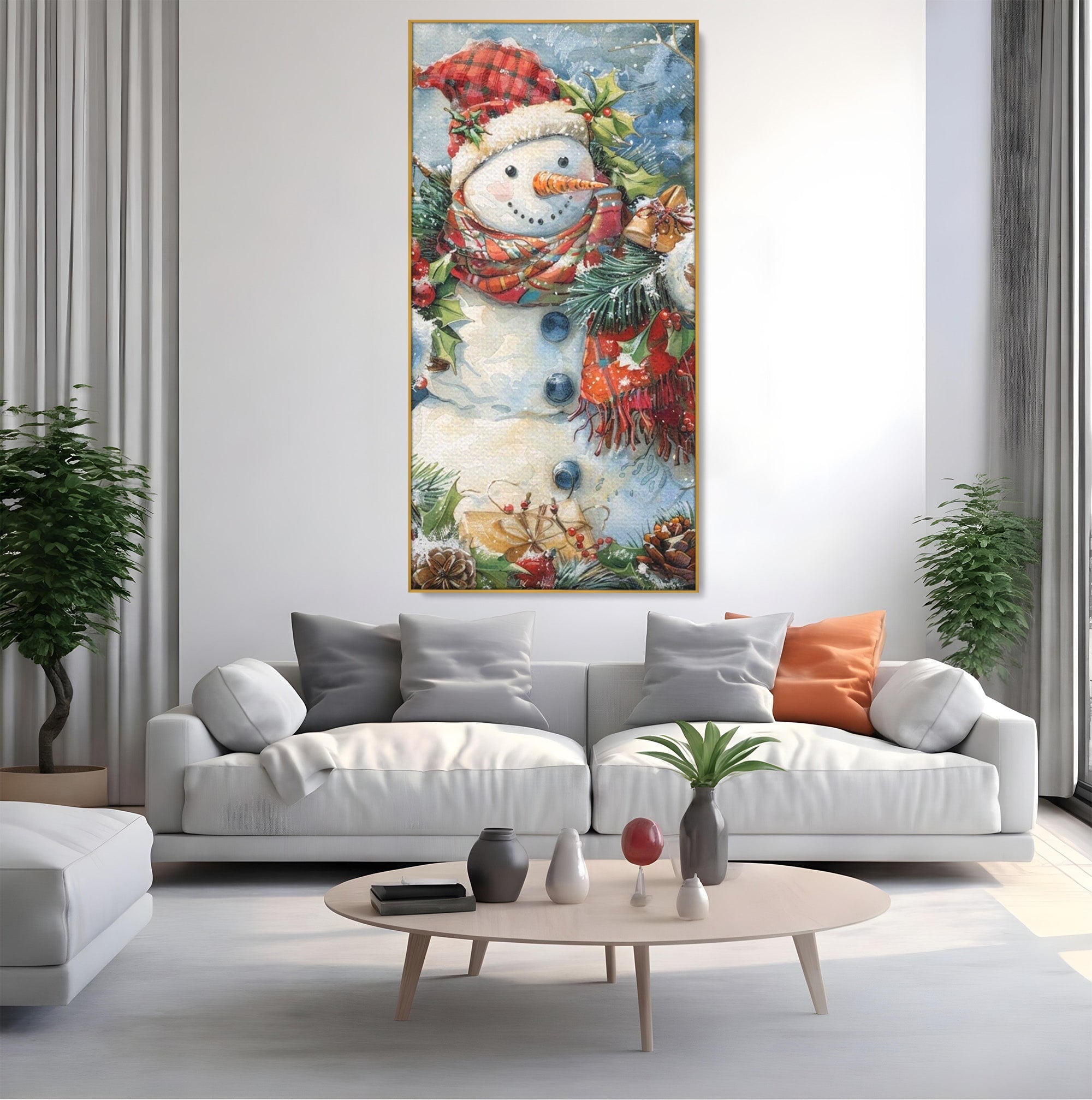 Tablou Canvas Premium LuxCanva® PI1082, Omul De Zapada, Iarna, Craciun, Fular, Rosu, Decoratiuni, Living, Sarbatori, Culori Vibrante