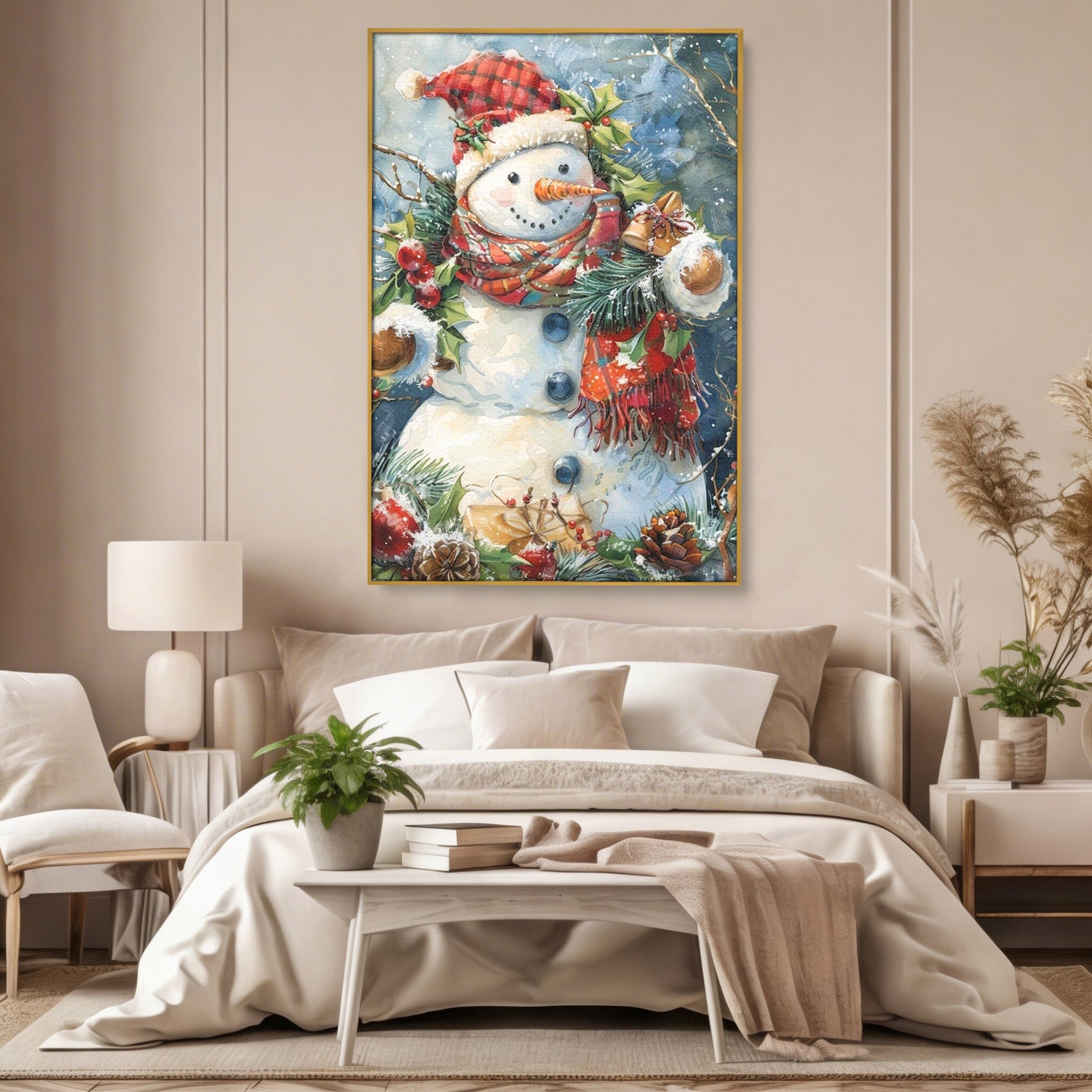 Tablou Canvas Premium LuxCanva® PI1082, Omul De Zapada, Iarna, Craciun, Fular, Rosu, Decoratiuni, Living, Sarbatori, Culori Vibrante