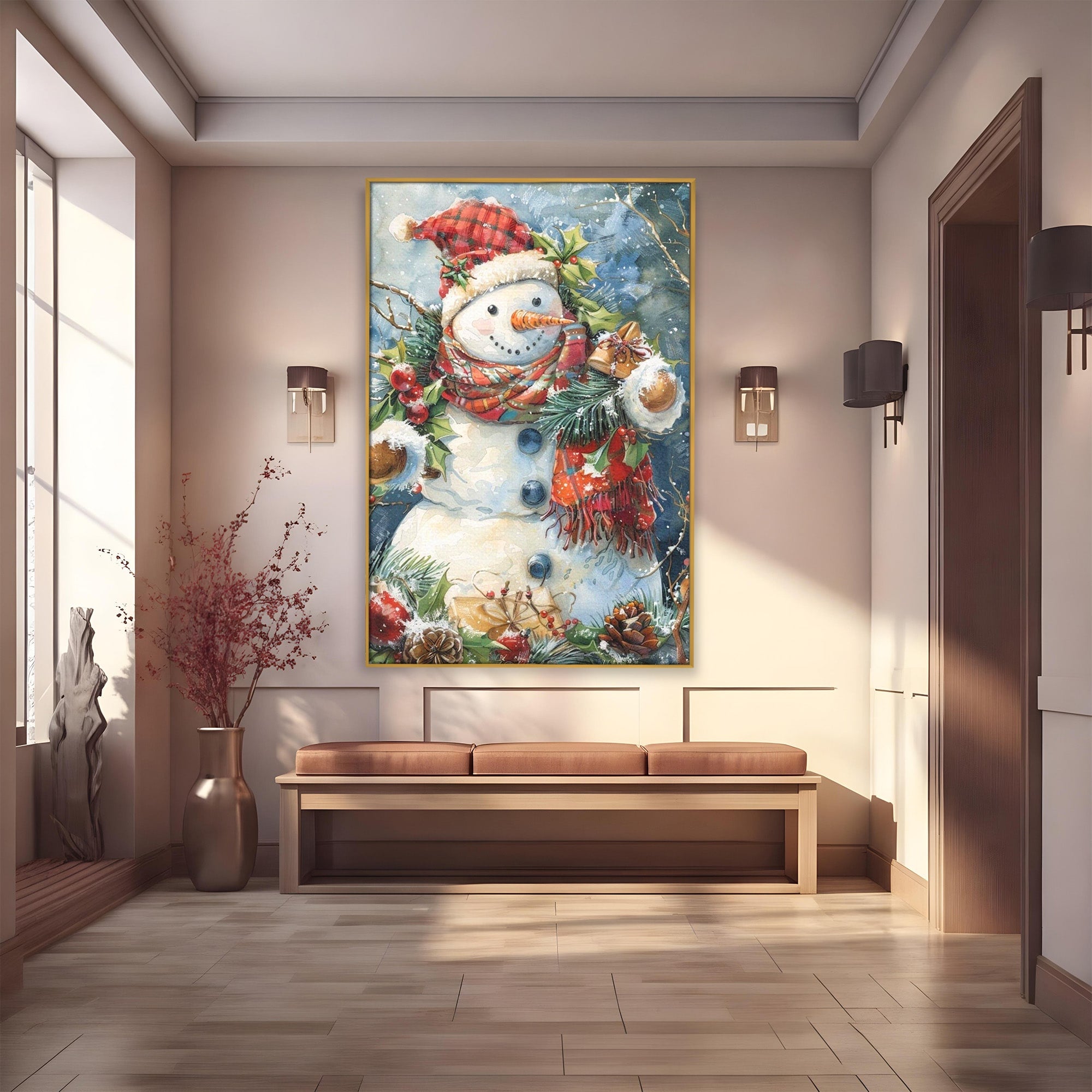 Tablou Canvas Premium LuxCanva® PI1082, Omul De Zapada, Iarna, Craciun, Fular, Rosu, Decoratiuni, Living, Sarbatori, Culori Vibrante