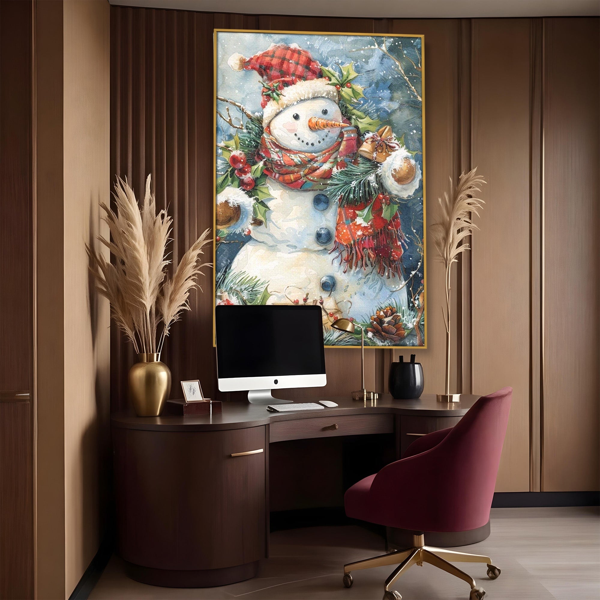 Tablou Canvas Premium LuxCanva® PI1082, Omul De Zapada, Iarna, Craciun, Fular, Rosu, Decoratiuni, Living, Sarbatori, Culori Vibrante
